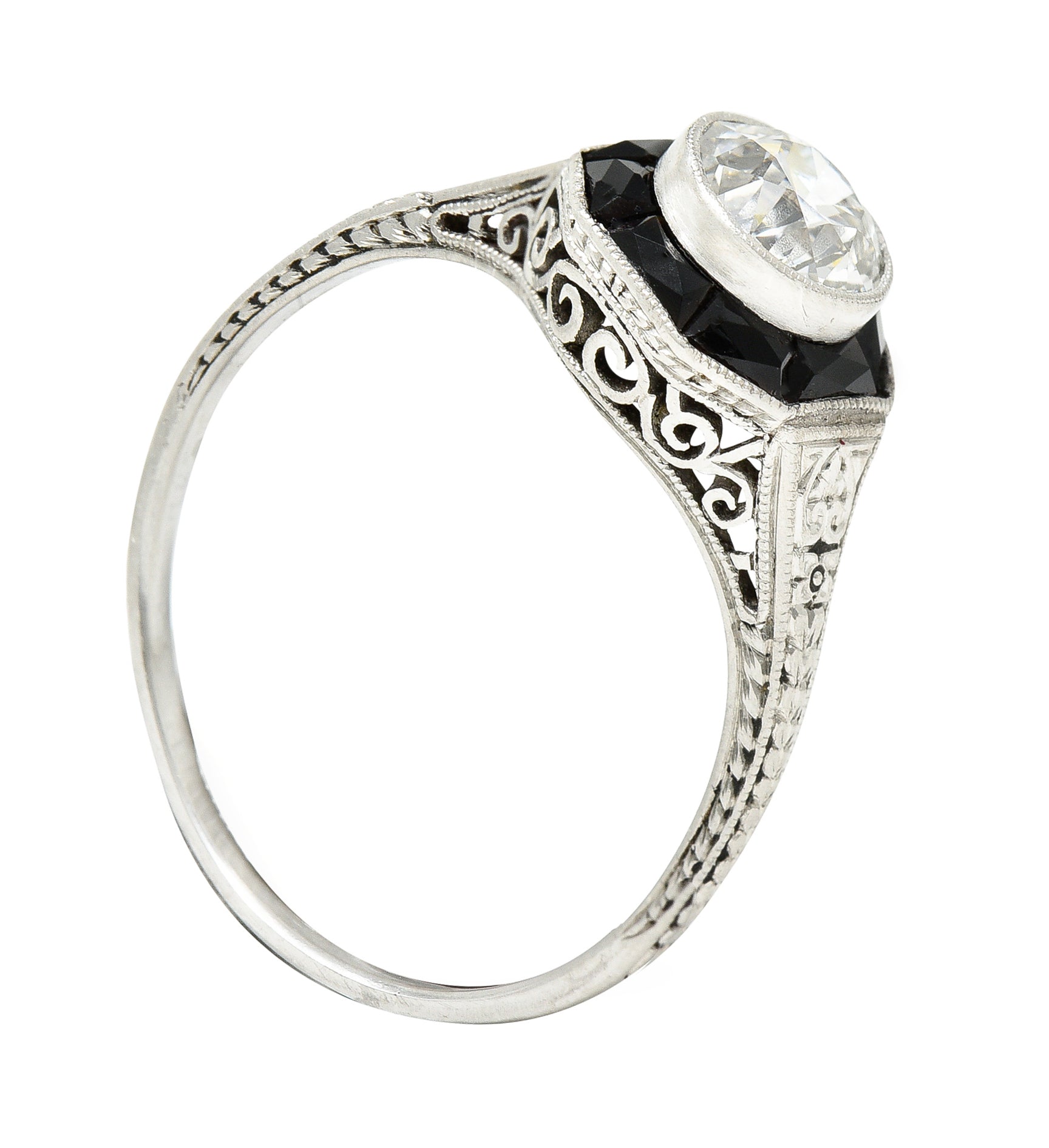 Art Deco 0.70 CTW Old European Cut Diamond French Cut Onyx Halo Scroll Clover Engagement Ring GIA Wilson's Estate Jewelry