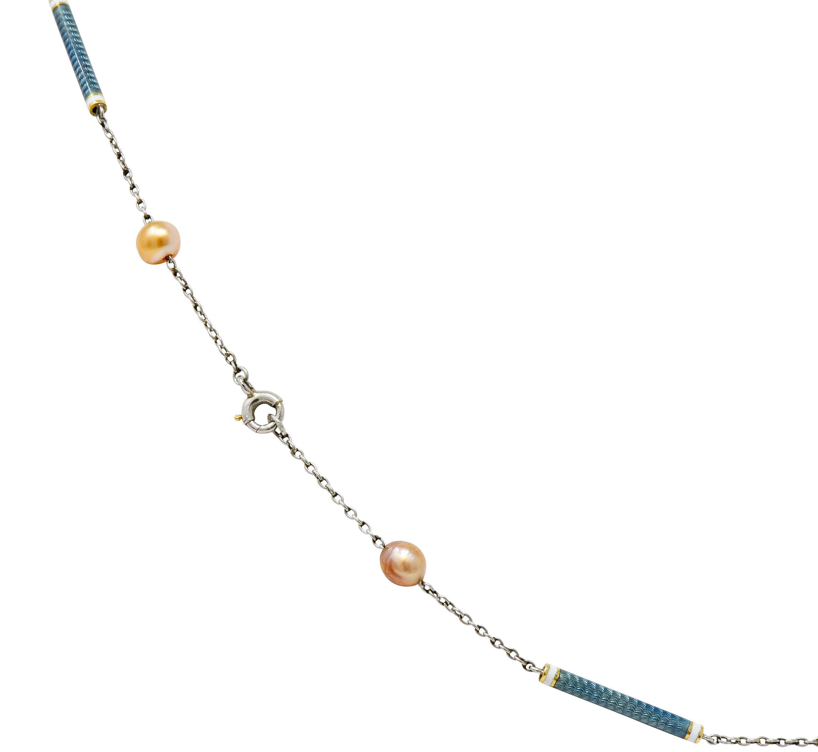 Edwardian French Pearl Enamel Platinum Bar Link Station Choker Necklace - Wilson's Estate Jewelry