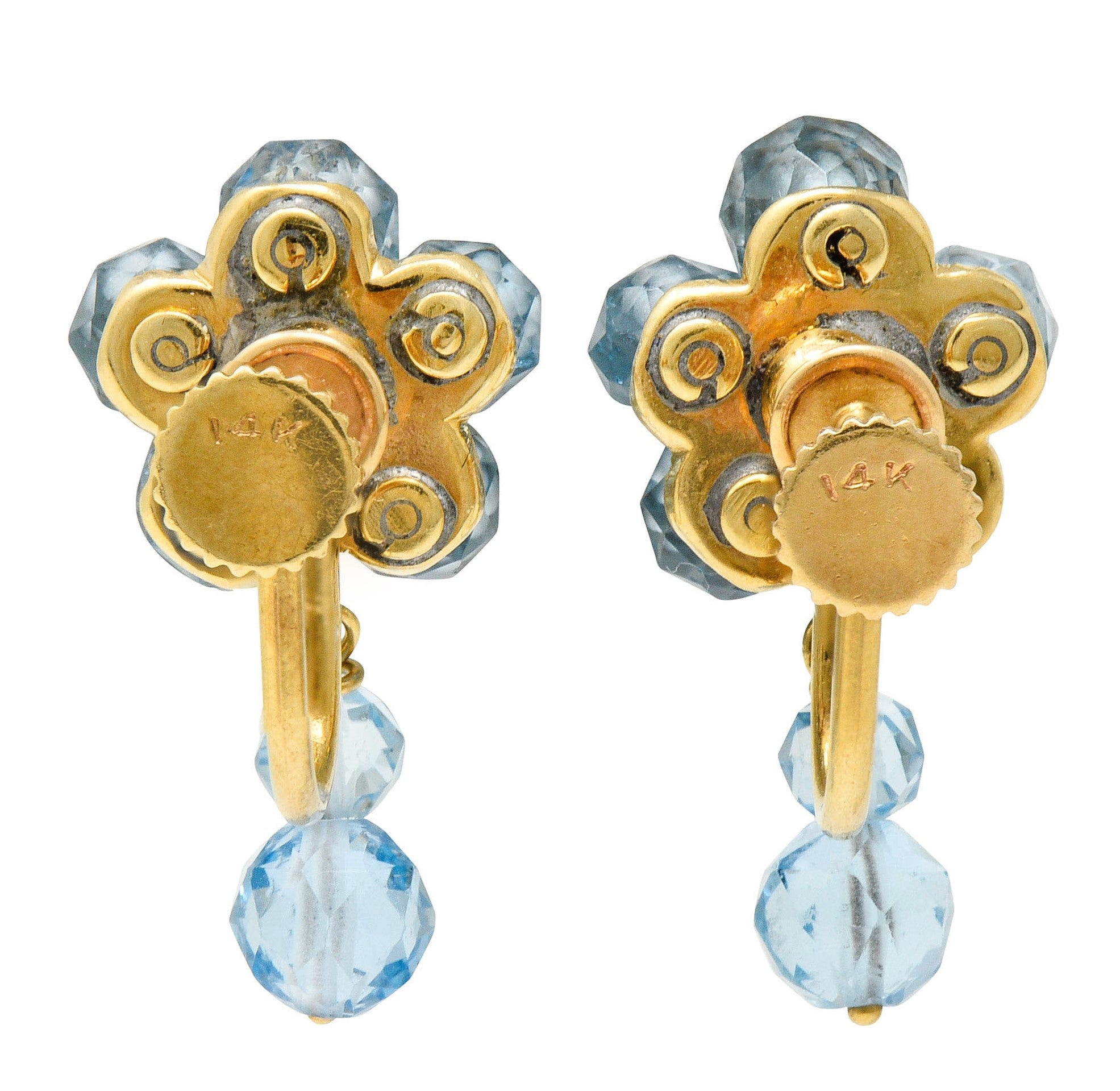 Retro Aquamarine 14 Karat Gold Floral Cluster Screwback EarringsEarrings - Wilson's Estate Jewelry