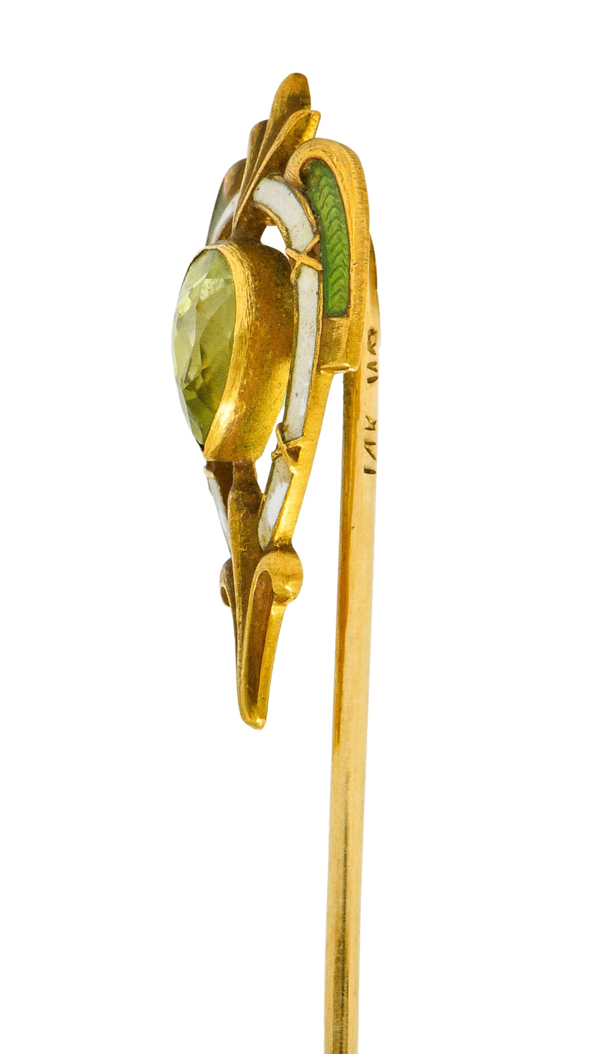 Wordley Allsopp & Bliss Peridot Enamel 14 Karat Gold Fleur-De-Lis StickpinStick Pin - Wilson's Estate Jewelry