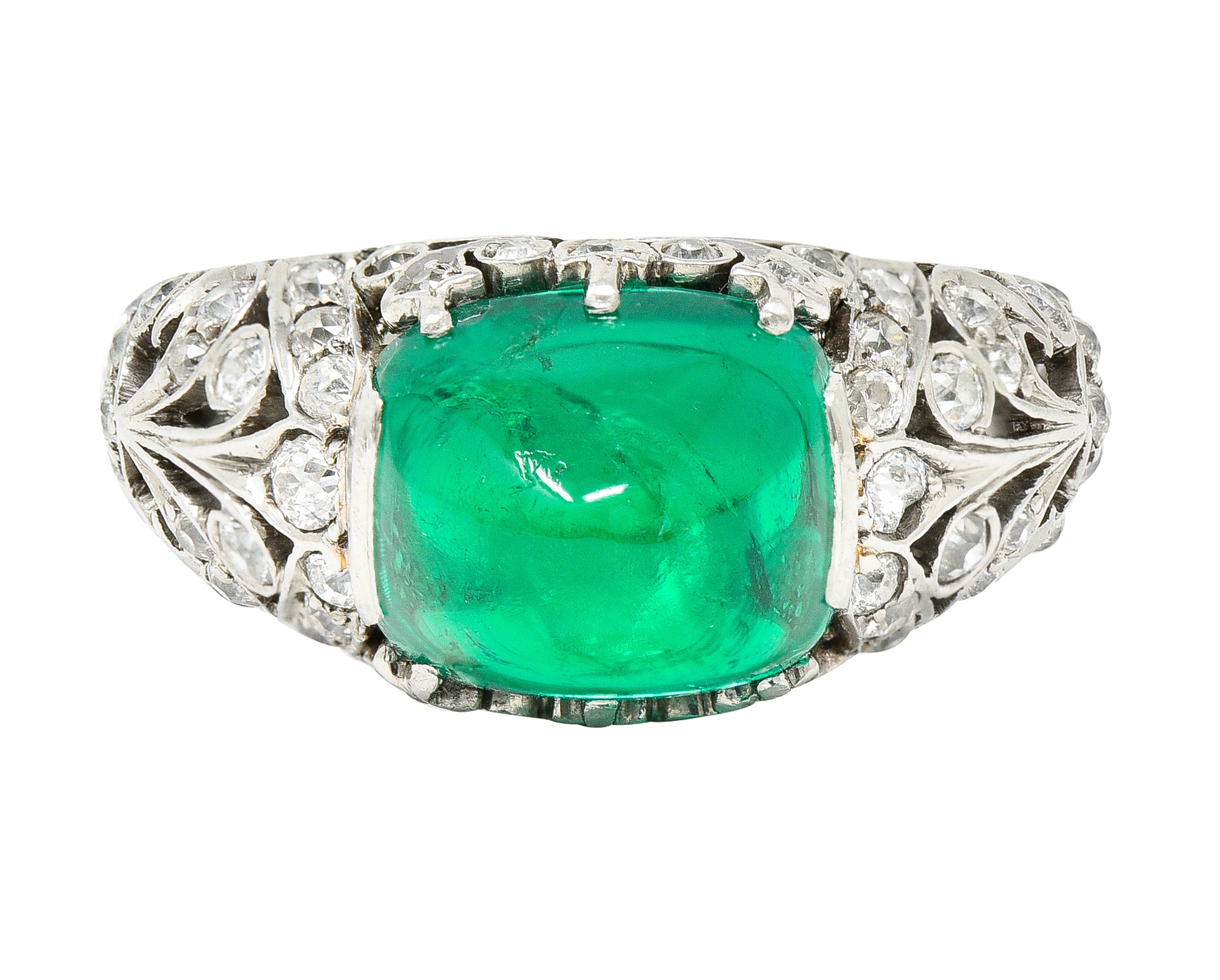 Edwardian 5.90 CTW Colombian Emerald Cabochon Old European Cut Diamond Platinum Scrolling Fleur-De-Lis Antique Gemstone Ring AGL Wilson's Estate Jewelry