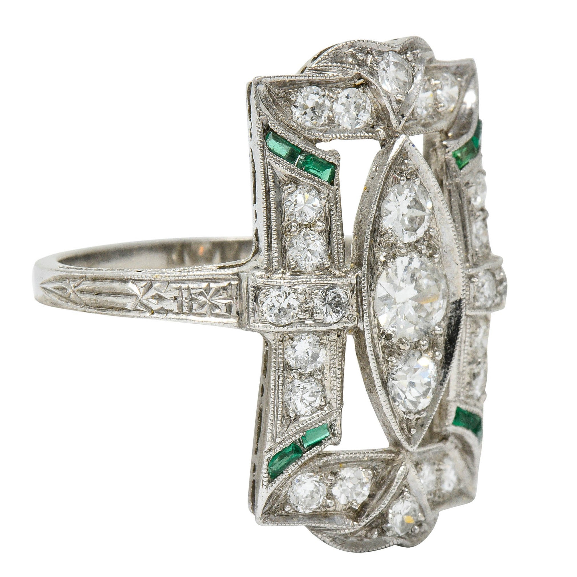 Art Deco 1.15 CTW Diamond Emerald Platinum Dinner RingRing - Wilson's Estate Jewelry