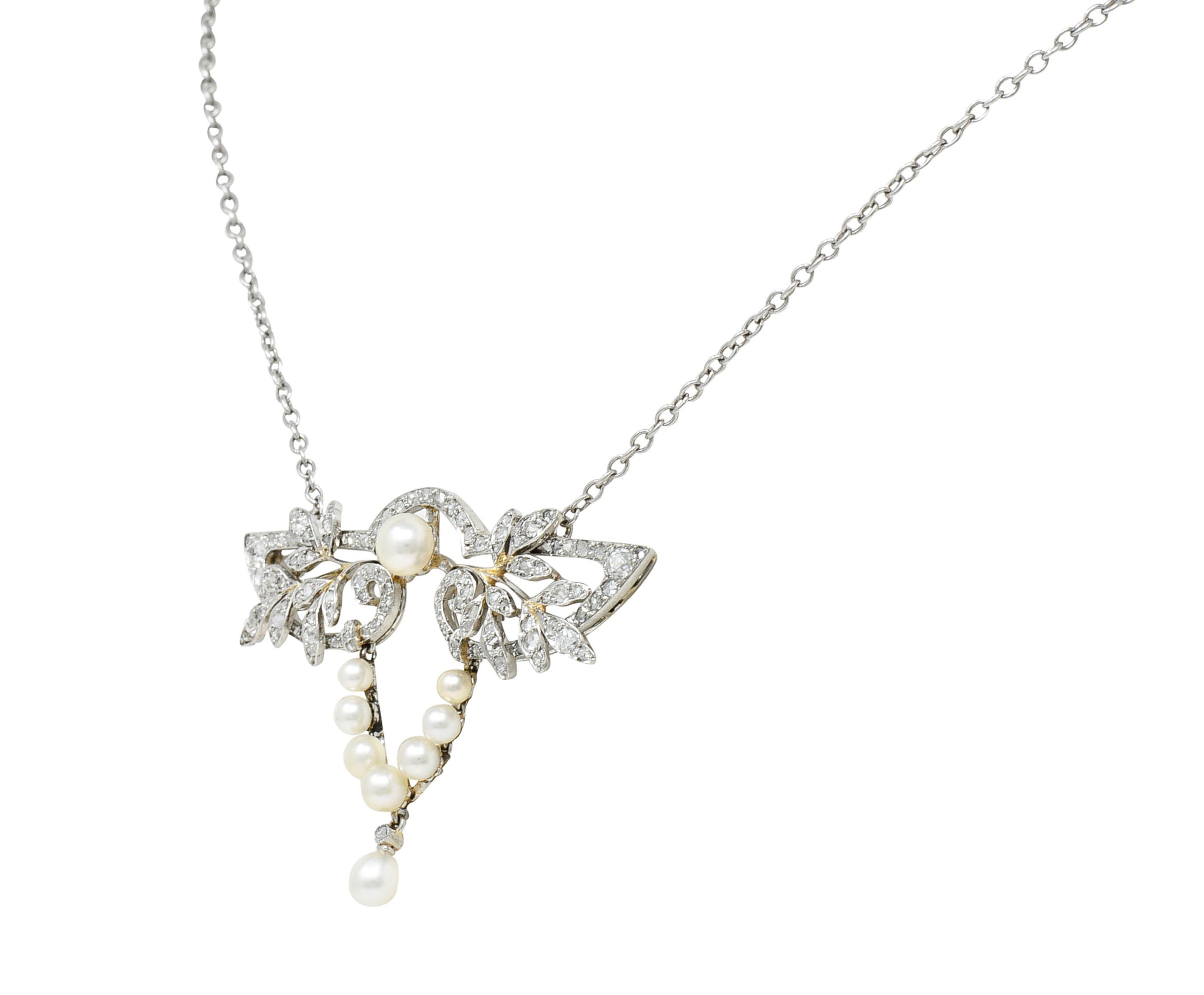 Edwardian Pearl Rose Cut Diamond Platinum Laurel Station NecklaceNecklace - Wilson's Estate Jewelry