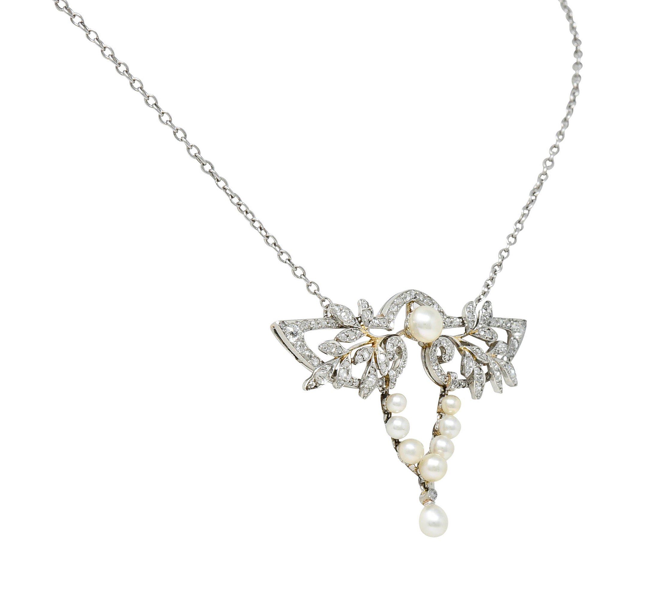 Edwardian Pearl Rose Cut Diamond Platinum Laurel Station NecklaceNecklace - Wilson's Estate Jewelry