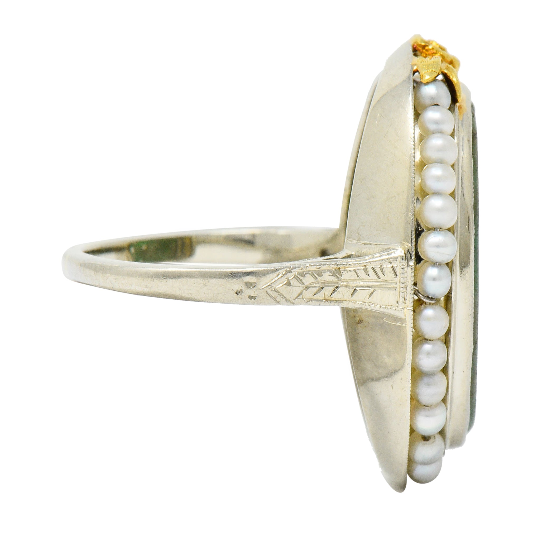 Art Deco Carved Jade Pearl 18 Karat Two-Tone Gold Cluster RingRing - Wilson's Estate Jewelry