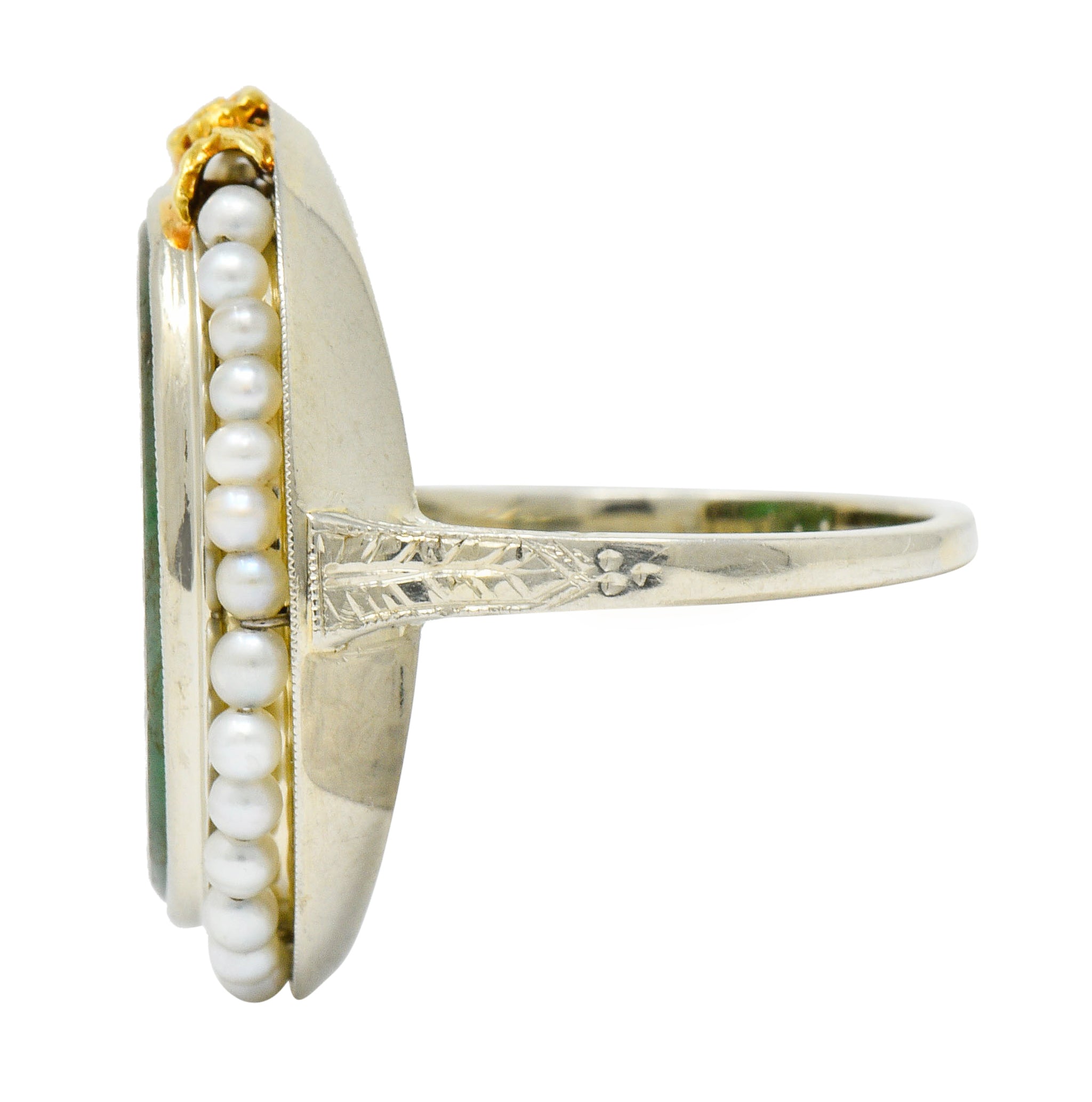 Art Deco Carved Jade Pearl 18 Karat Two-Tone Gold Cluster RingRing - Wilson's Estate Jewelry