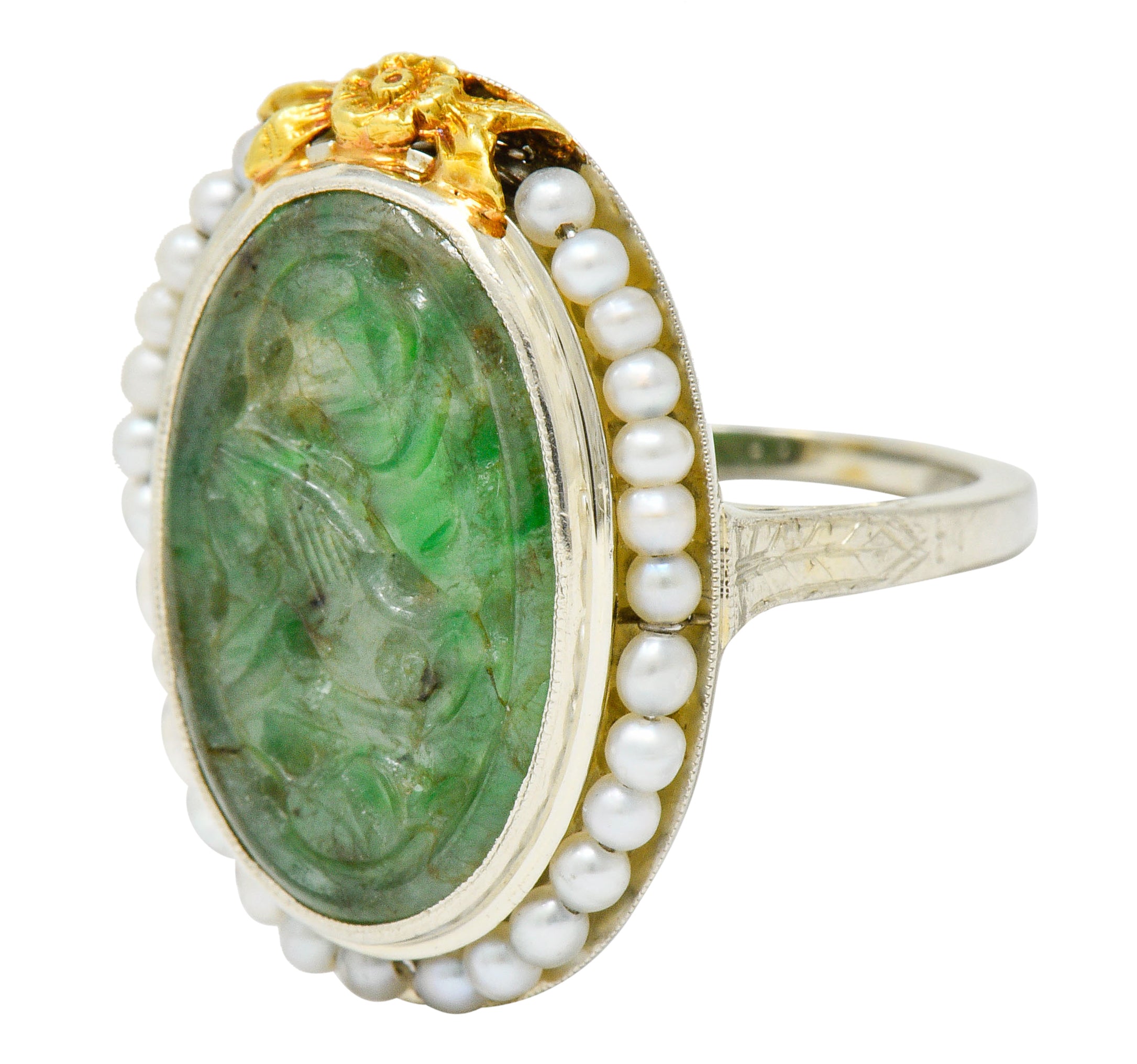 Art Deco Carved Jade Pearl 18 Karat Two-Tone Gold Cluster RingRing - Wilson's Estate Jewelry