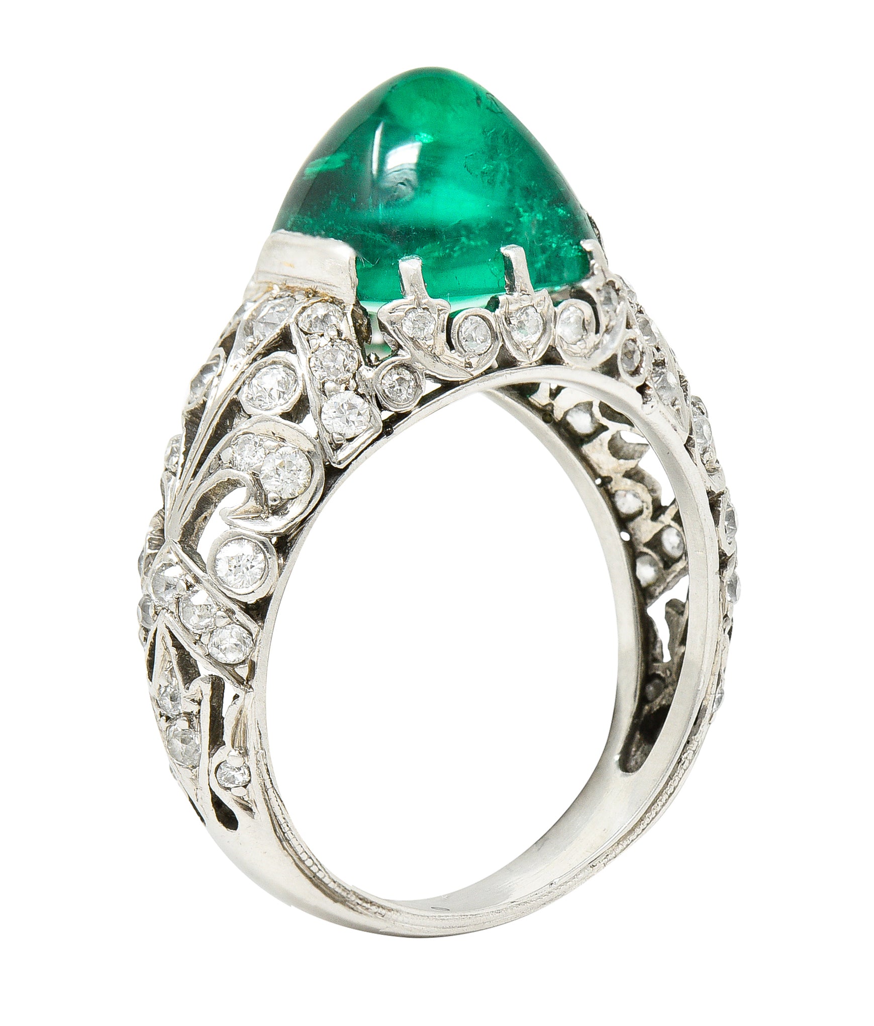 Edwardian 5.90 CTW Colombian Emerald Cabochon Old European Cut Diamond Platinum Scrolling Fleur-De-Lis Antique Gemstone Ring AGL Wilson's Estate Jewelry