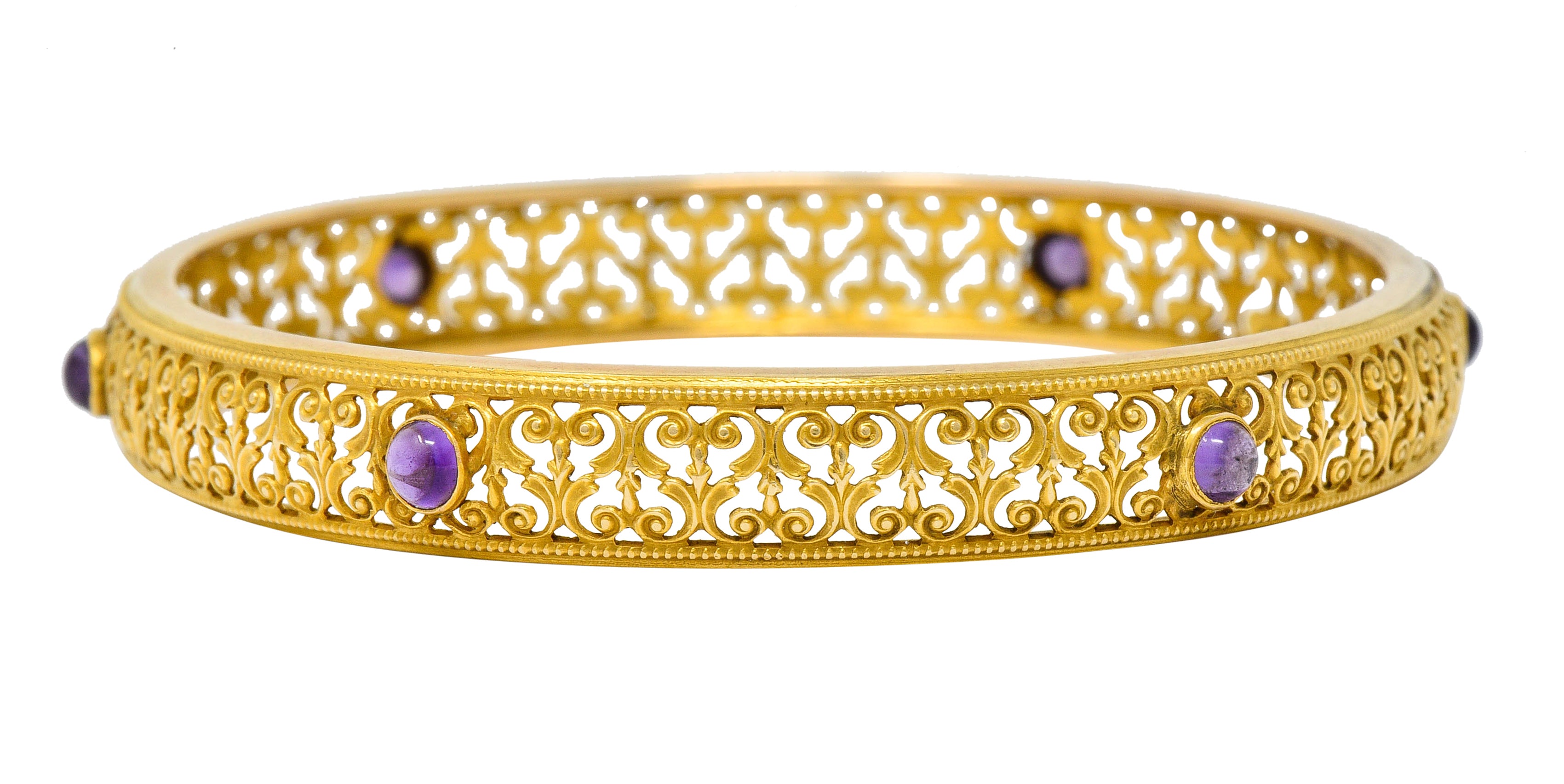 Art Nouveau Amethyst 14 Karat Gold Scrolled Filigree Bangle Braceletbracelet - Wilson's Estate Jewelry