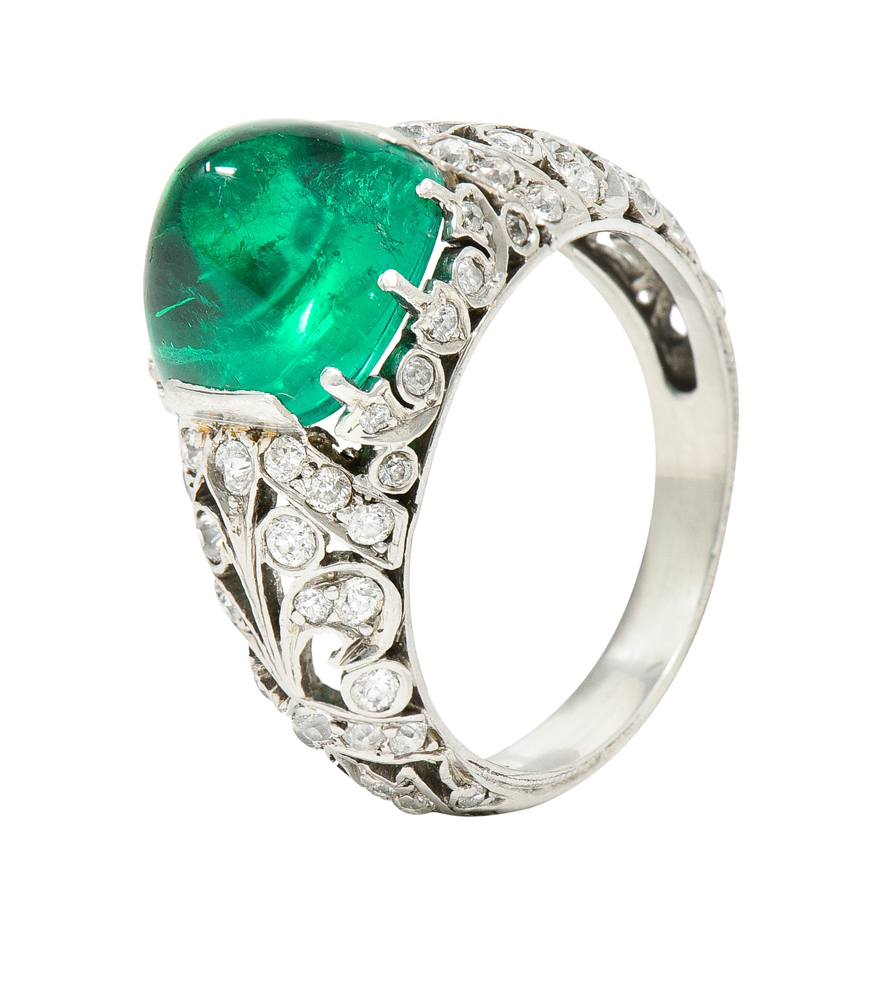 Edwardian 5.90 CTW Colombian Emerald Cabochon Old European Cut Diamond Platinum Scrolling Fleur-De-Lis Antique Gemstone Ring AGL Wilson's Estate Jewelry