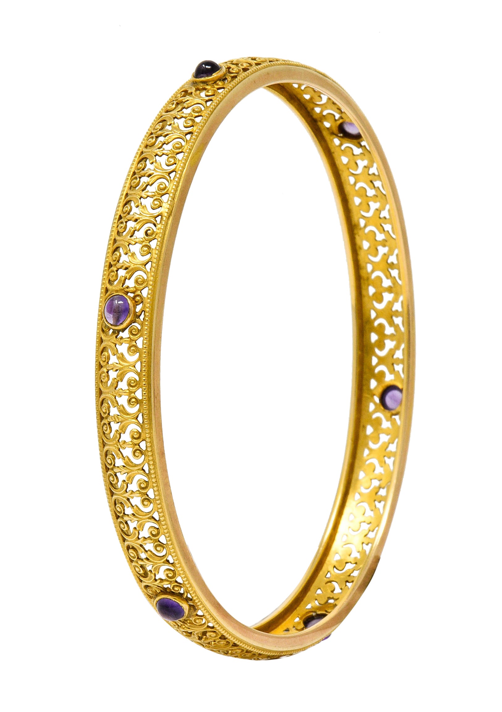 Art Nouveau Amethyst 14 Karat Gold Scrolled Filigree Bangle Braceletbracelet - Wilson's Estate Jewelry