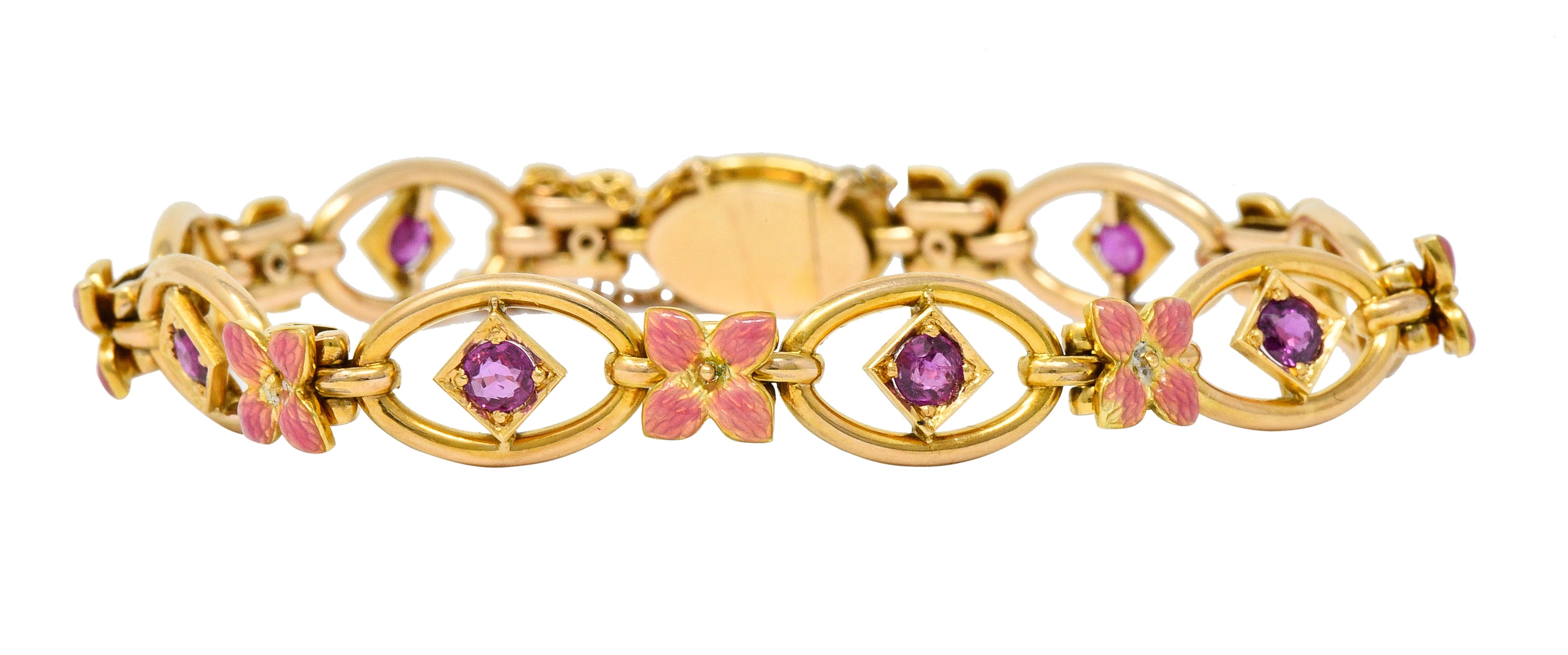 Art Nouveau Ruby Enamel 18 Karat Gold Flower Link Braceletbracelet - Wilson's Estate Jewelry