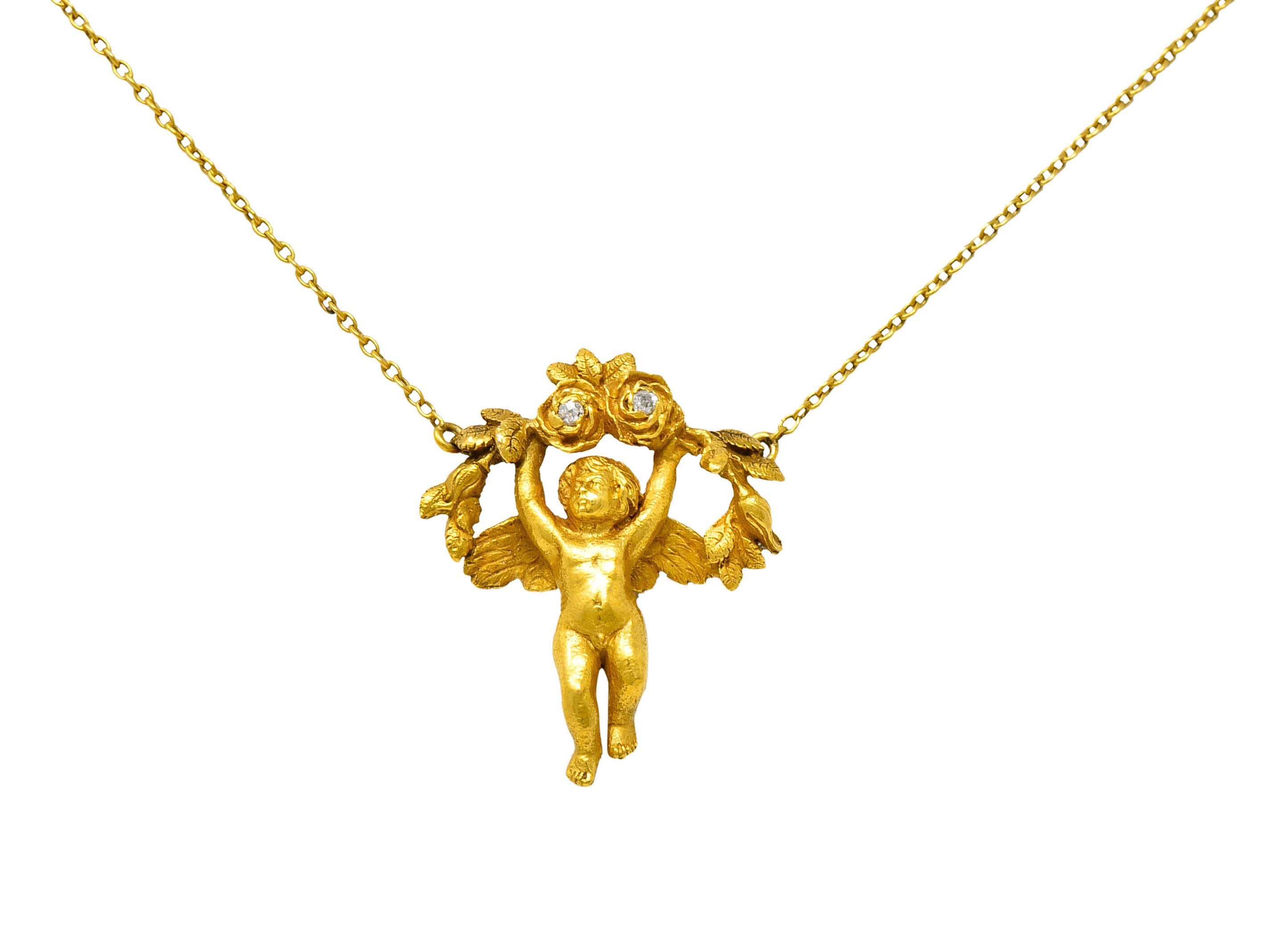 Art Nouveau Diamond 18 Karat Yellow Gold Cherub Station NecklaceNecklace - Wilson's Estate Jewelry