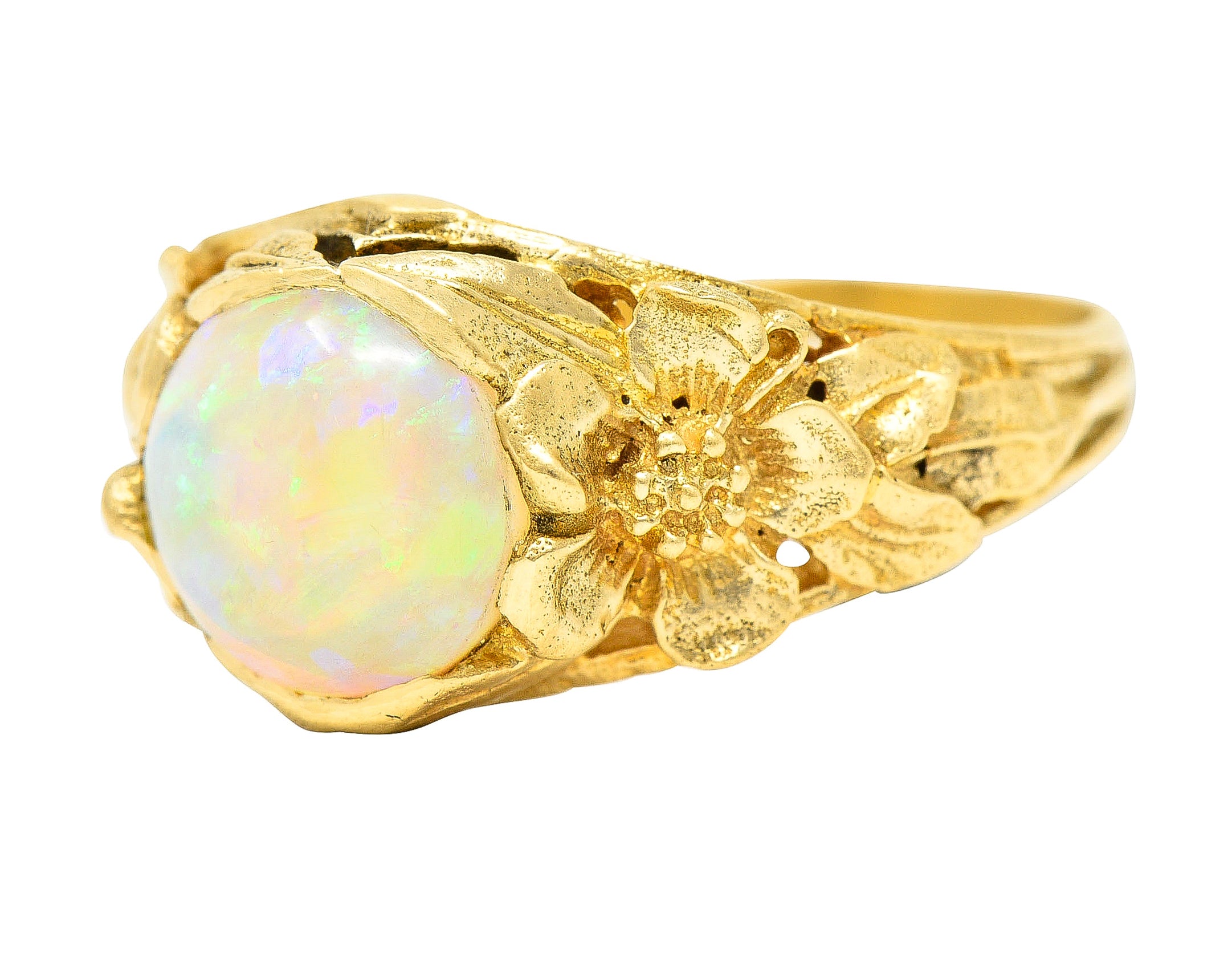 Art Nouveau Opal Cabochon 18 Karat Yellow Gold Forget-Me-Not Antique Ring Wilson's Estate Jewelry