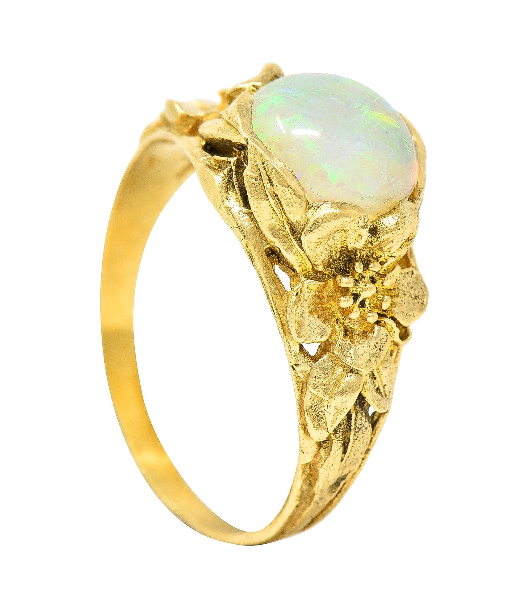 Art Nouveau Opal Cabochon 18 Karat Yellow Gold Forget-Me-Not Antique Ring Wilson's Estate Jewelry