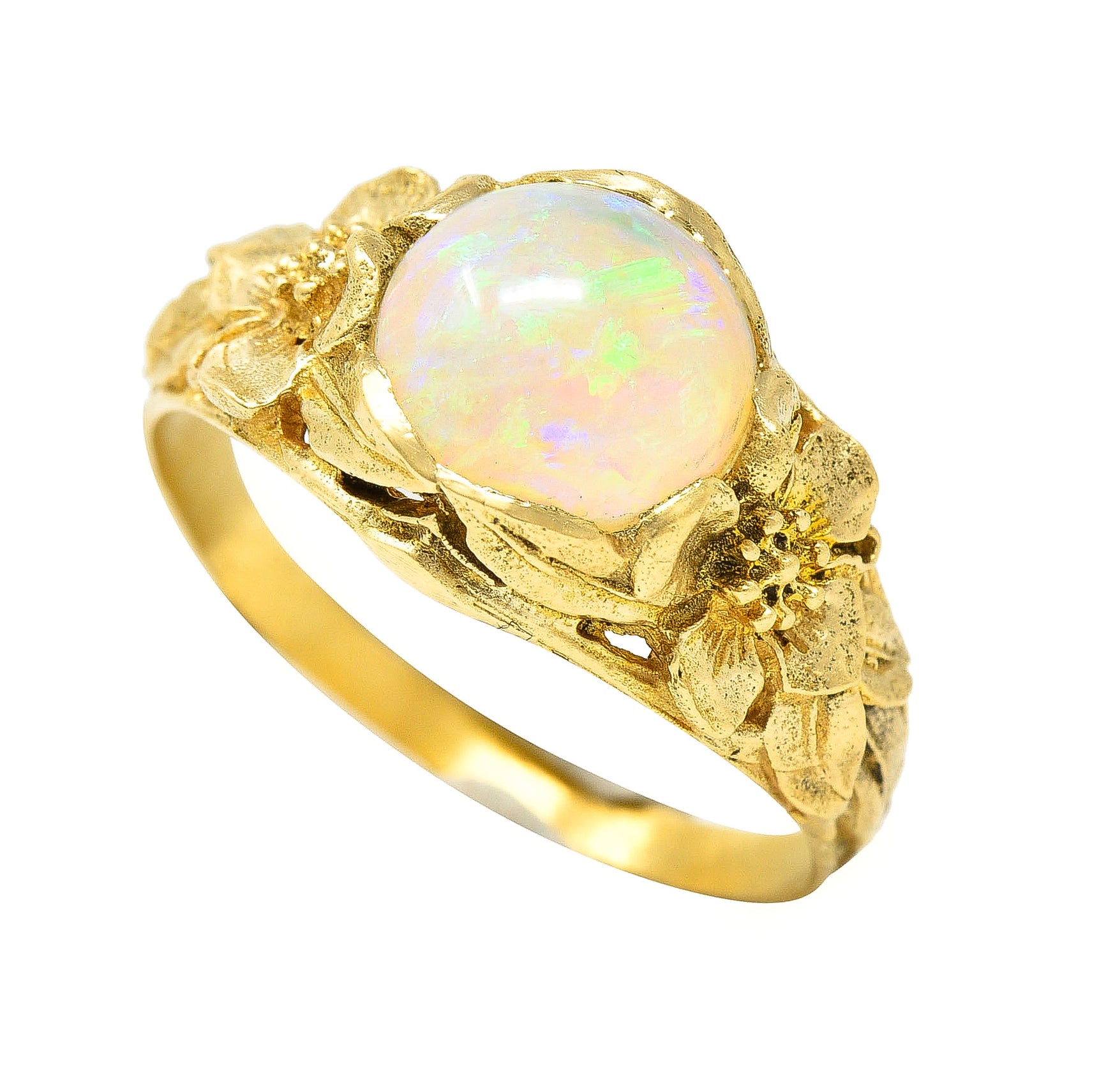 Art Nouveau Opal Cabochon 18 Karat Yellow Gold Forget-Me-Not Antique Ring Wilson's Estate Jewelry