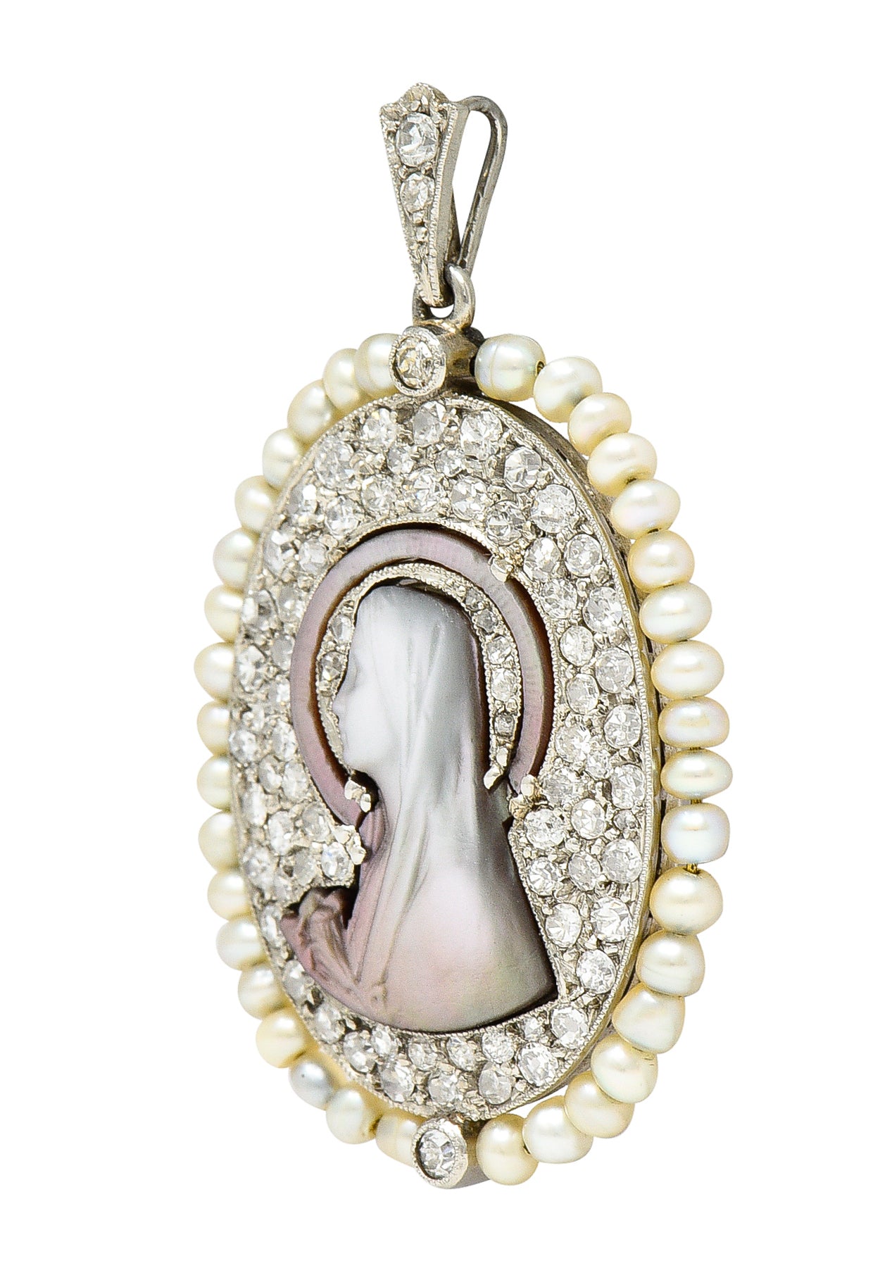 Edwardian Pearl Pavè Diamond Mother-Of-Pearl Platinum-Topped White Gold Madonna Antique Cameo Pendant Wilson's Estate Jewelry