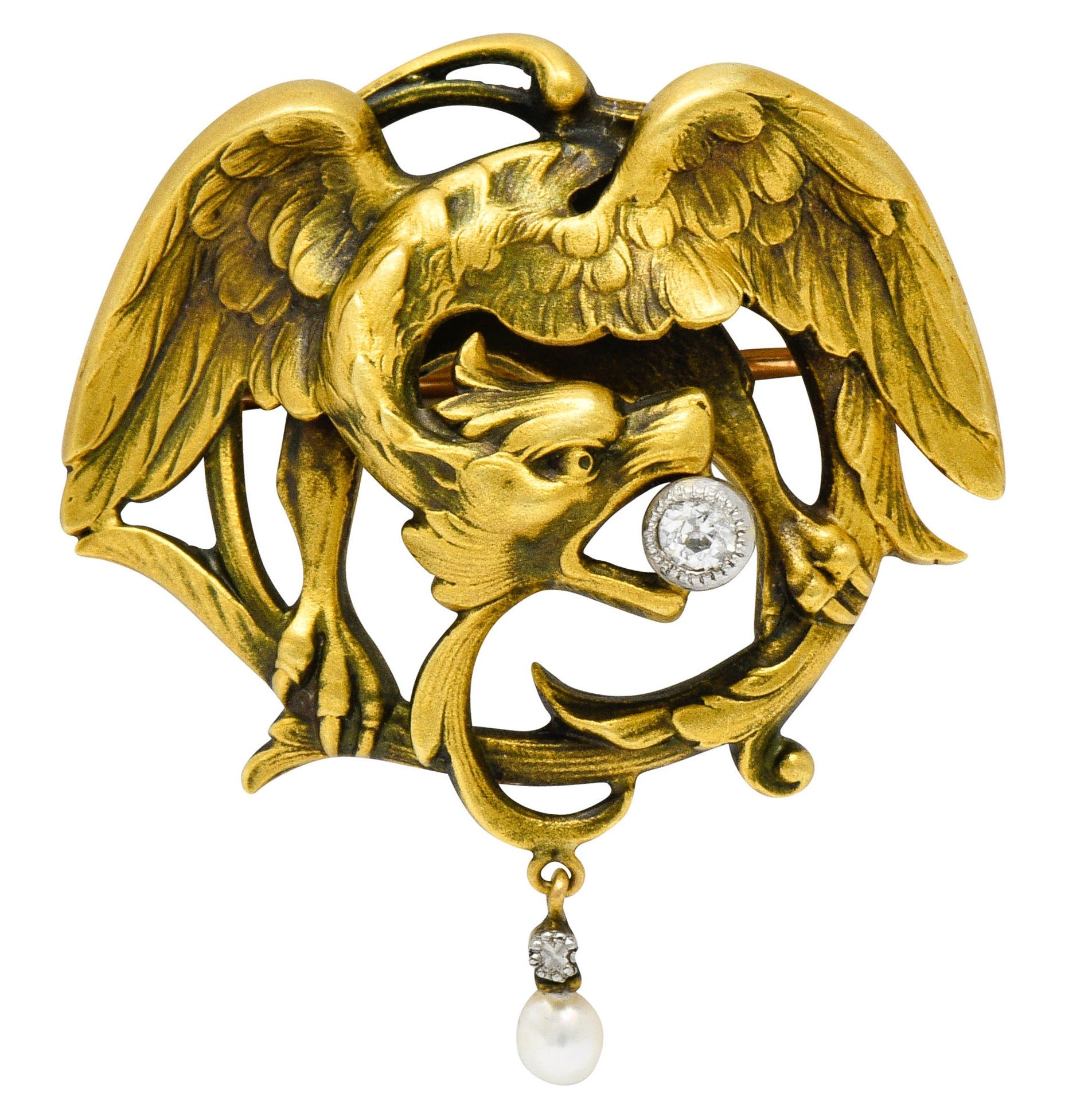 French Art Nouveau Diamond Pearl 18 Karat Gold Griffin BroochBrooch - Wilson's Estate Jewelry