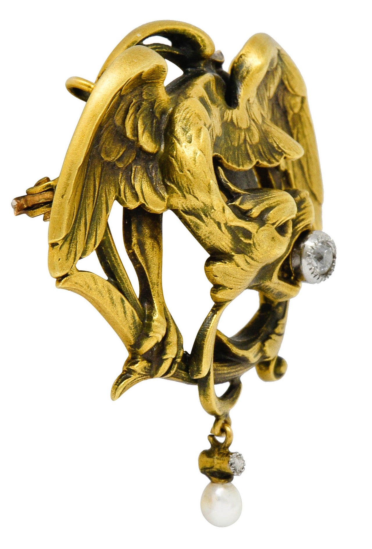 French Art Nouveau Diamond Pearl 18 Karat Gold Griffin BroochBrooch - Wilson's Estate Jewelry