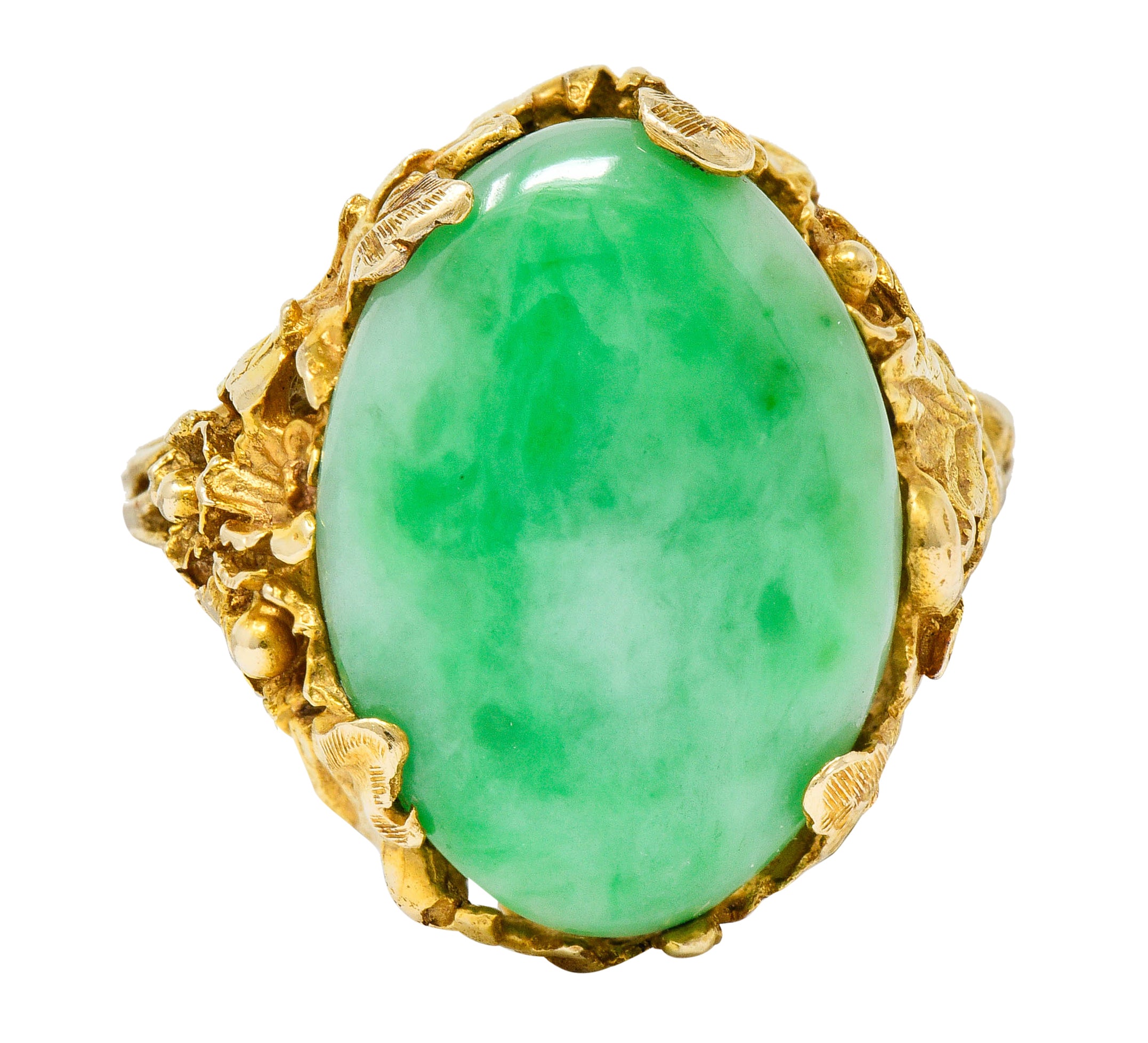 Arts & Crafts Jade 14 Karat Gold Floral & Foliate RingRing - Wilson's Estate Jewelry