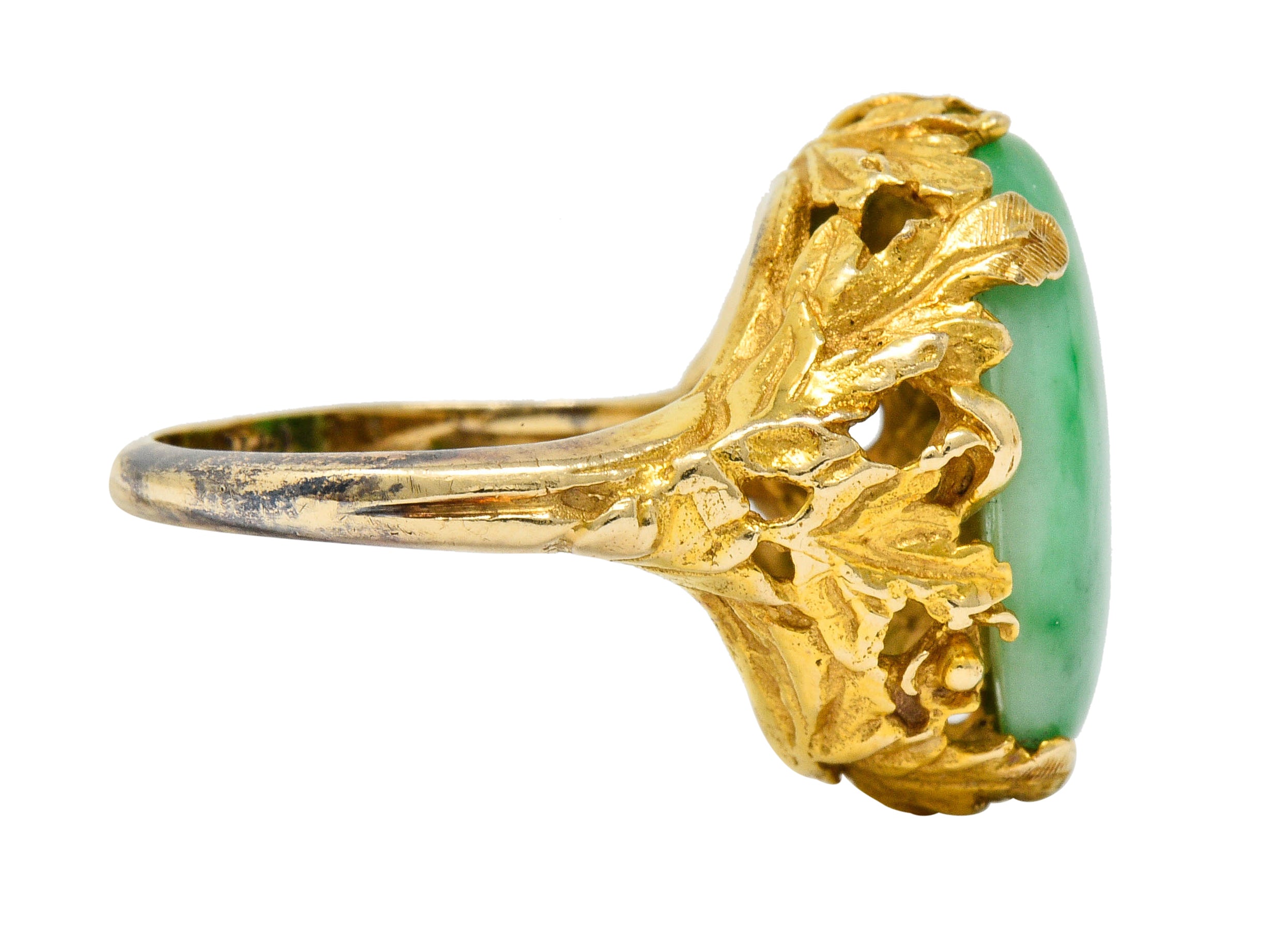 Arts & Crafts Jade 14 Karat Gold Floral & Foliate RingRing - Wilson's Estate Jewelry