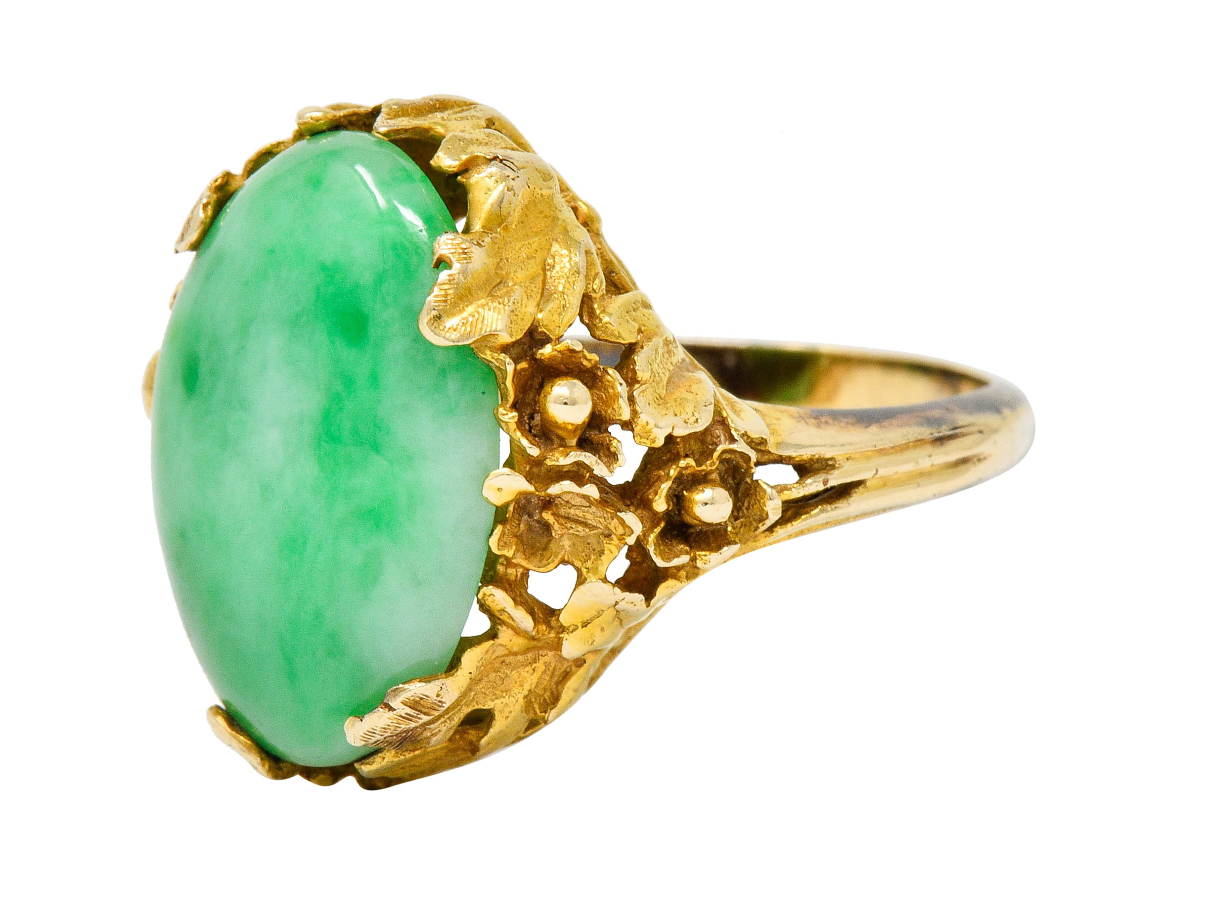 Arts & Crafts Jade 14 Karat Gold Floral & Foliate RingRing - Wilson's Estate Jewelry