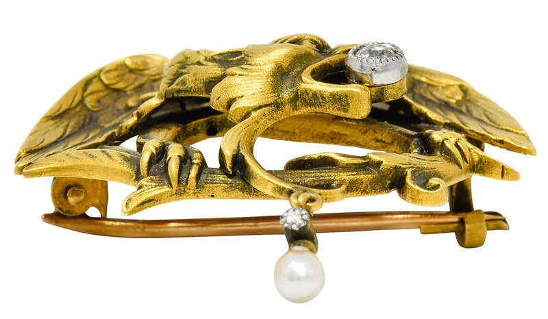 French Art Nouveau Diamond Pearl 18 Karat Gold Griffin BroochBrooch - Wilson's Estate Jewelry