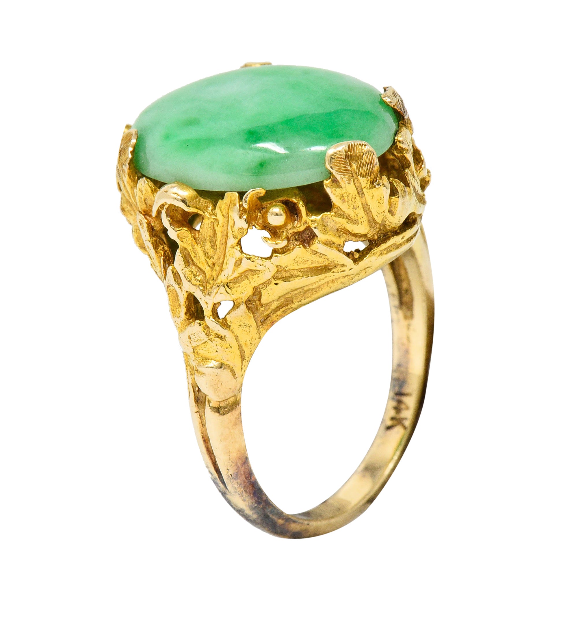 Arts & Crafts Jade 14 Karat Gold Floral & Foliate RingRing - Wilson's Estate Jewelry