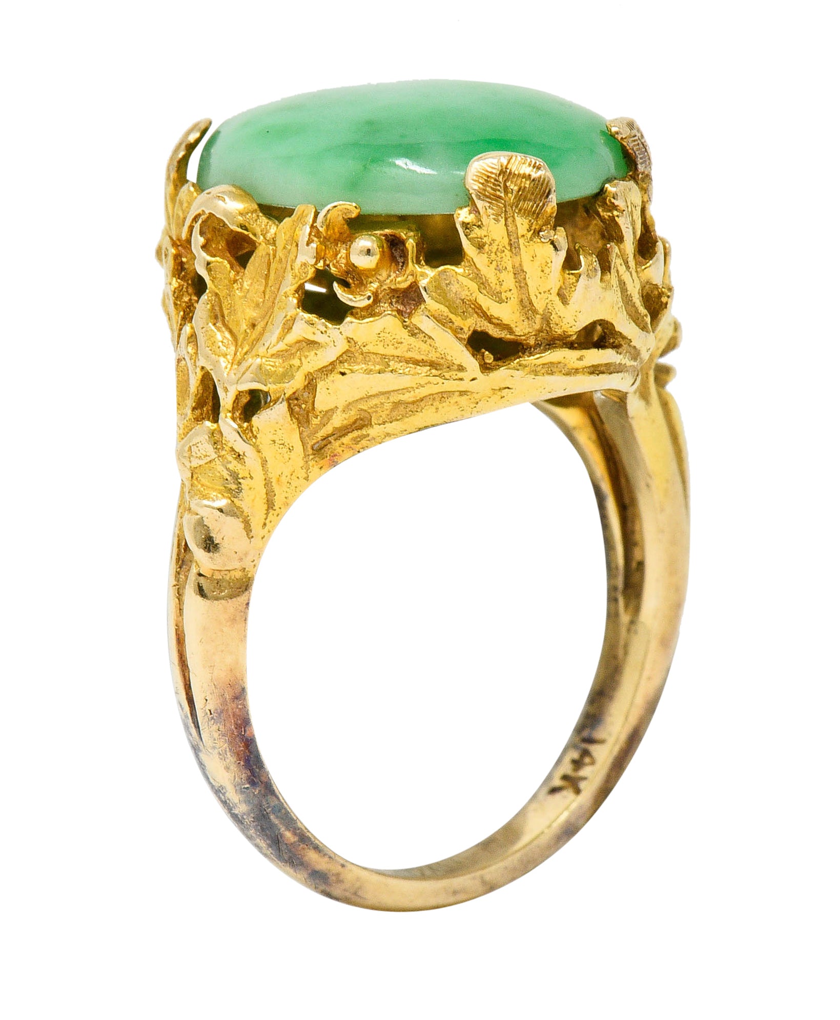 Arts & Crafts Jade 14 Karat Gold Floral & Foliate RingRing - Wilson's Estate Jewelry