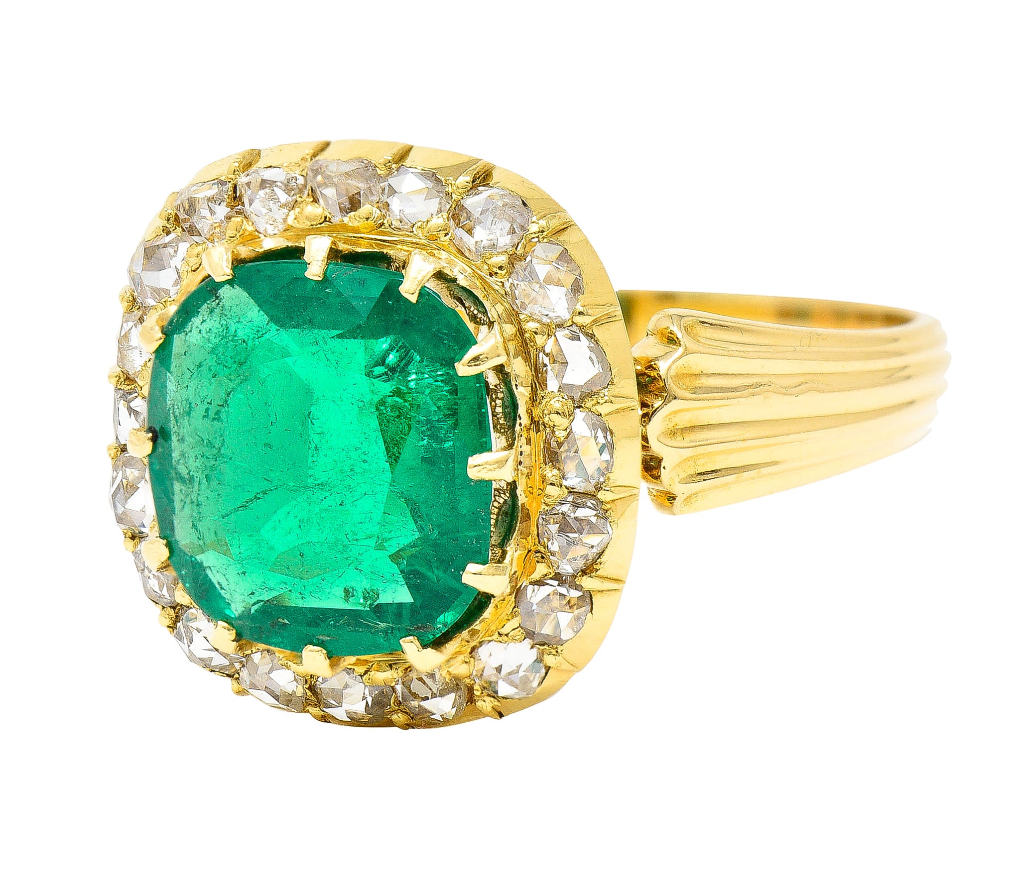 Victorian 2.78 CTW Cushion Cut Colombian Emerald Diamond 18 Karat Yellow Gold Antique Halo Ring AGL Wilson's Estate Jewelry