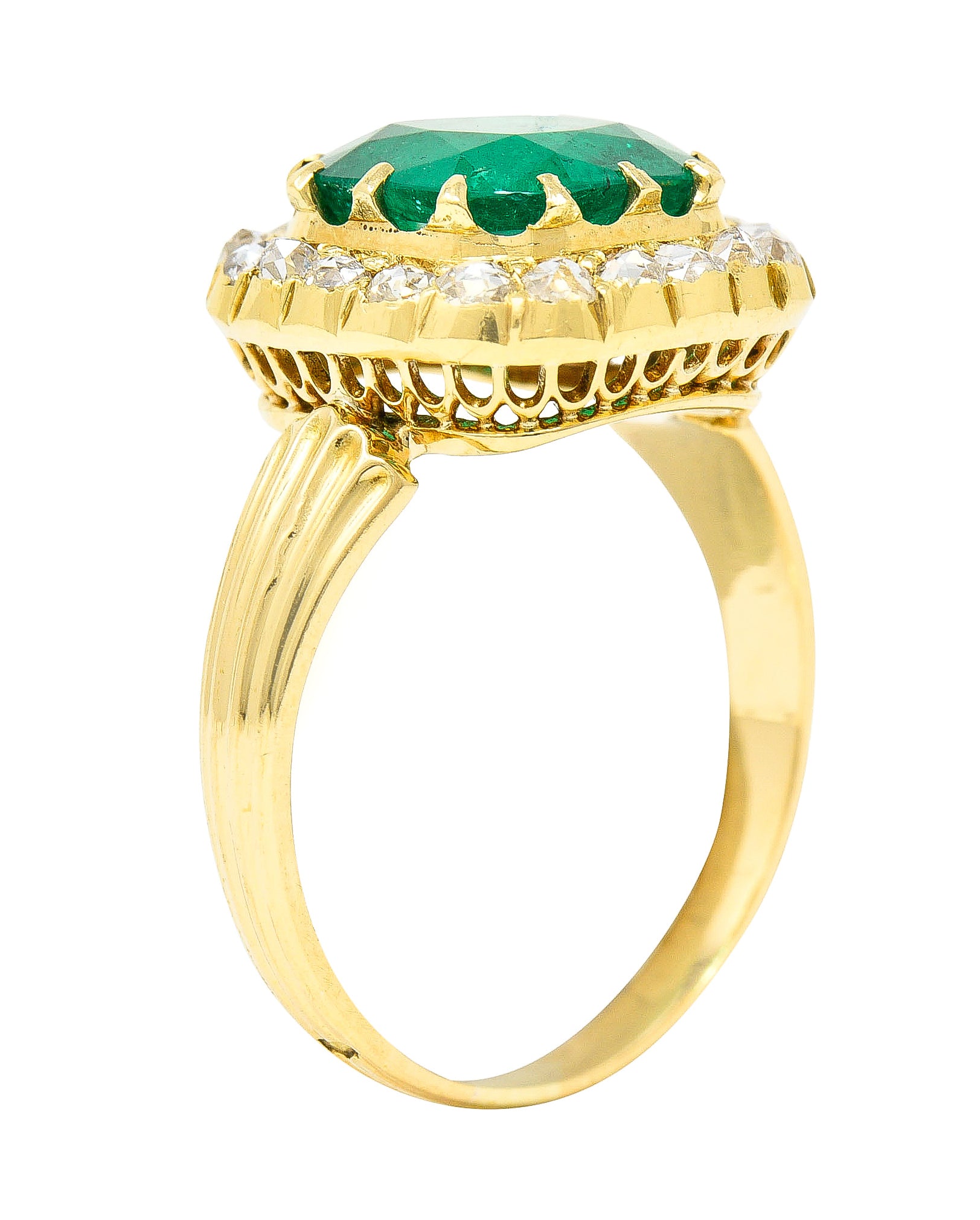 Victorian 2.78 CTW Cushion Cut Colombian Emerald Diamond 18 Karat Yellow Gold Antique Halo Ring AGL Wilson's Estate Jewelry