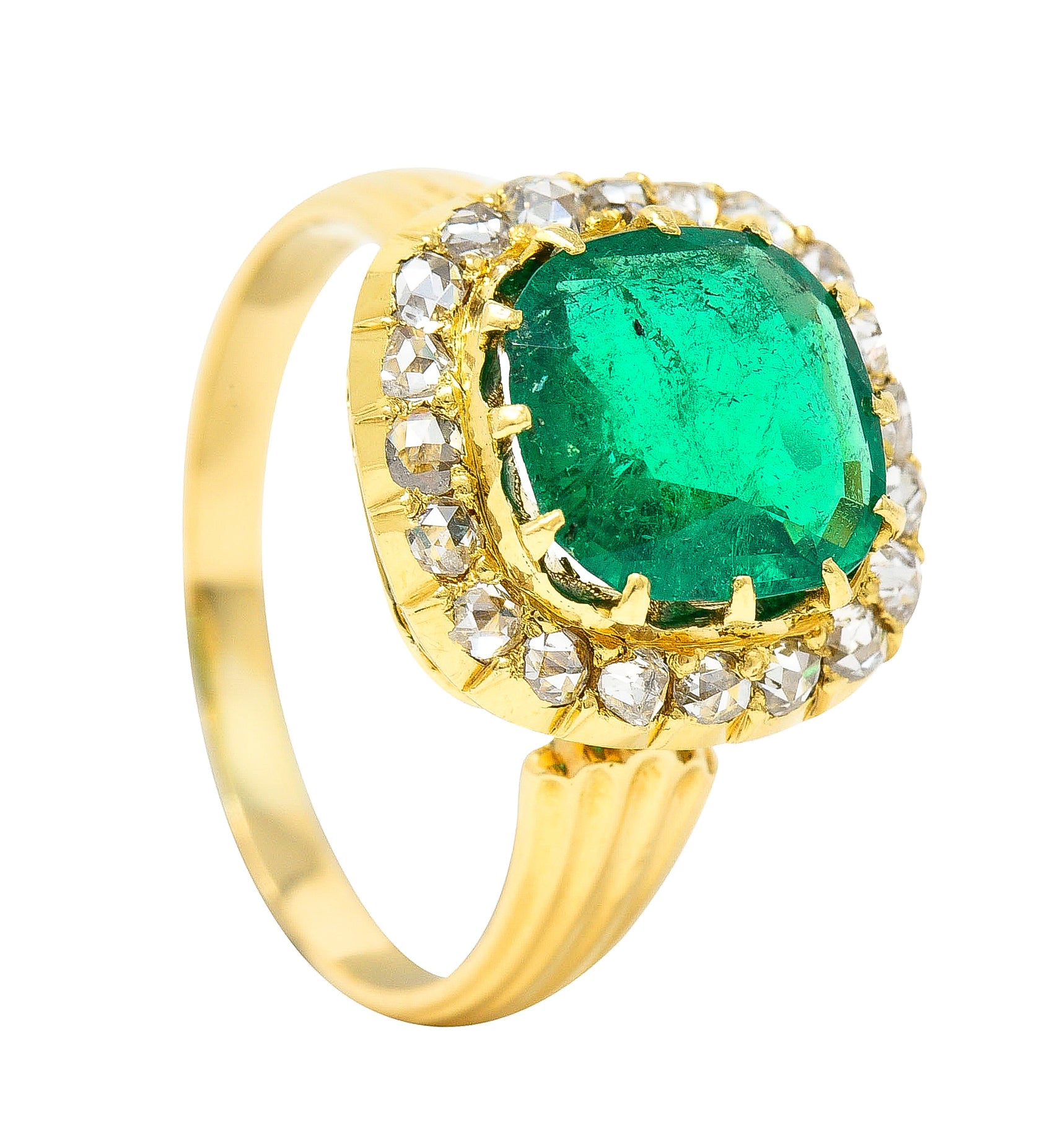 Victorian 2.78 CTW Cushion Cut Colombian Emerald Diamond 18 Karat Yellow Gold Antique Halo Ring AGL Wilson's Estate Jewelry