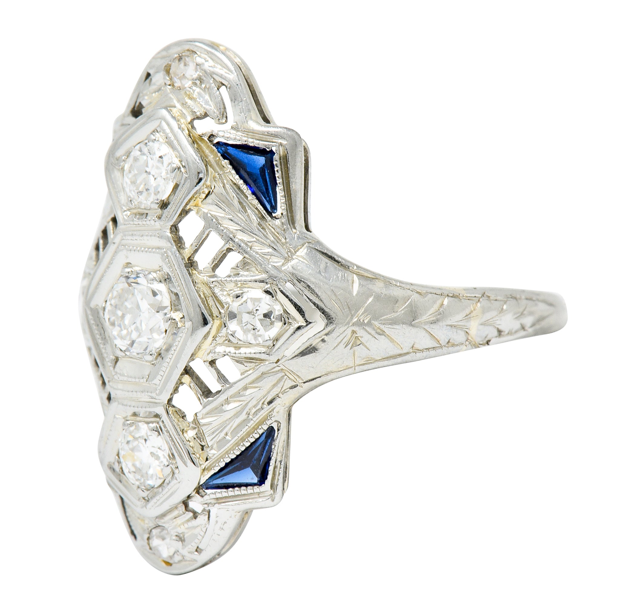 Art Deco 0.67 CTW Diamond Sapphire 18 Karat White Gold Dinner Ring - Wilson's Estate Jewelry