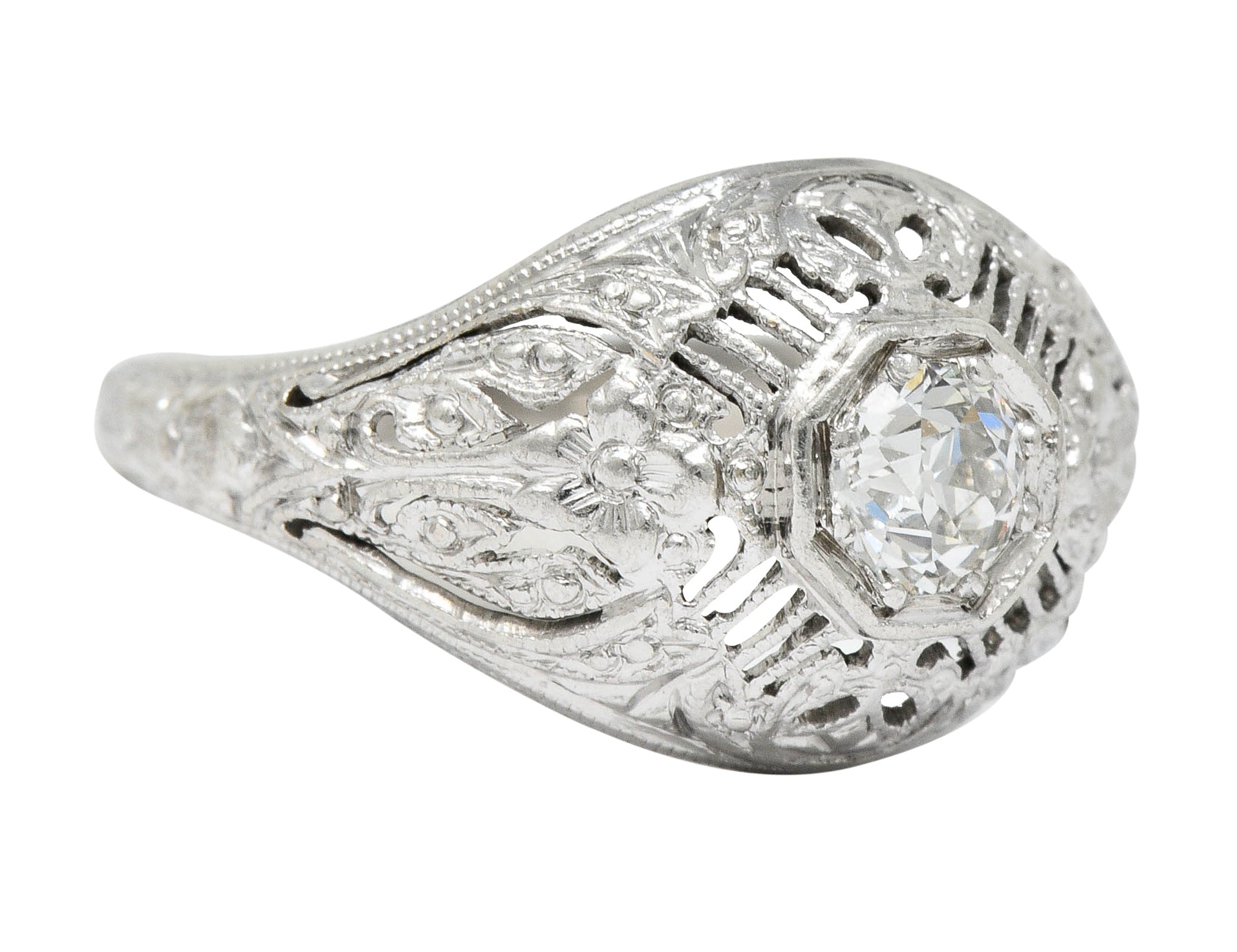 Edwardian Diamond Platinum Floral Engagement RingRing - Wilson's Estate Jewelry