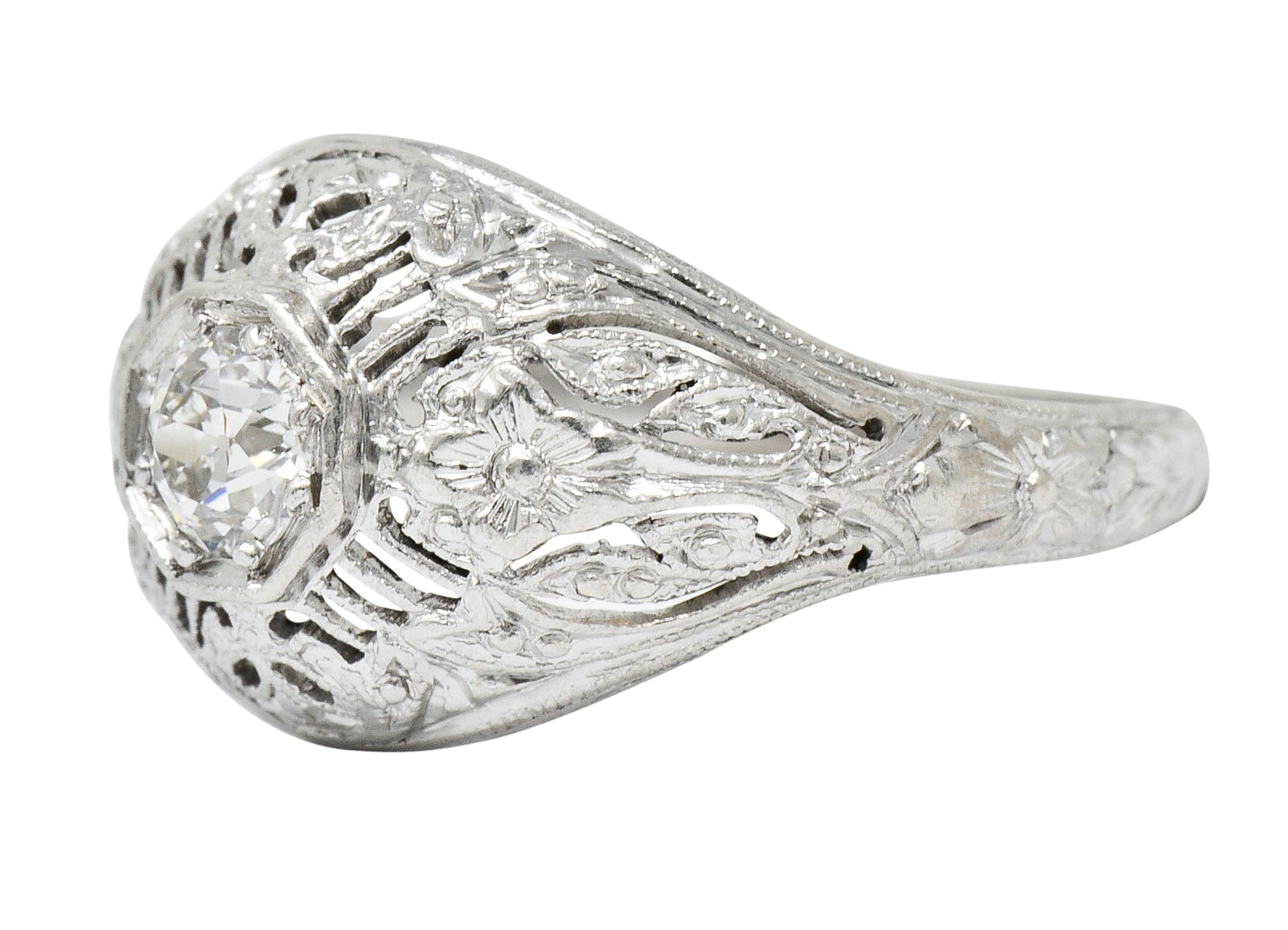 Edwardian Diamond Platinum Floral Engagement RingRing - Wilson's Estate Jewelry