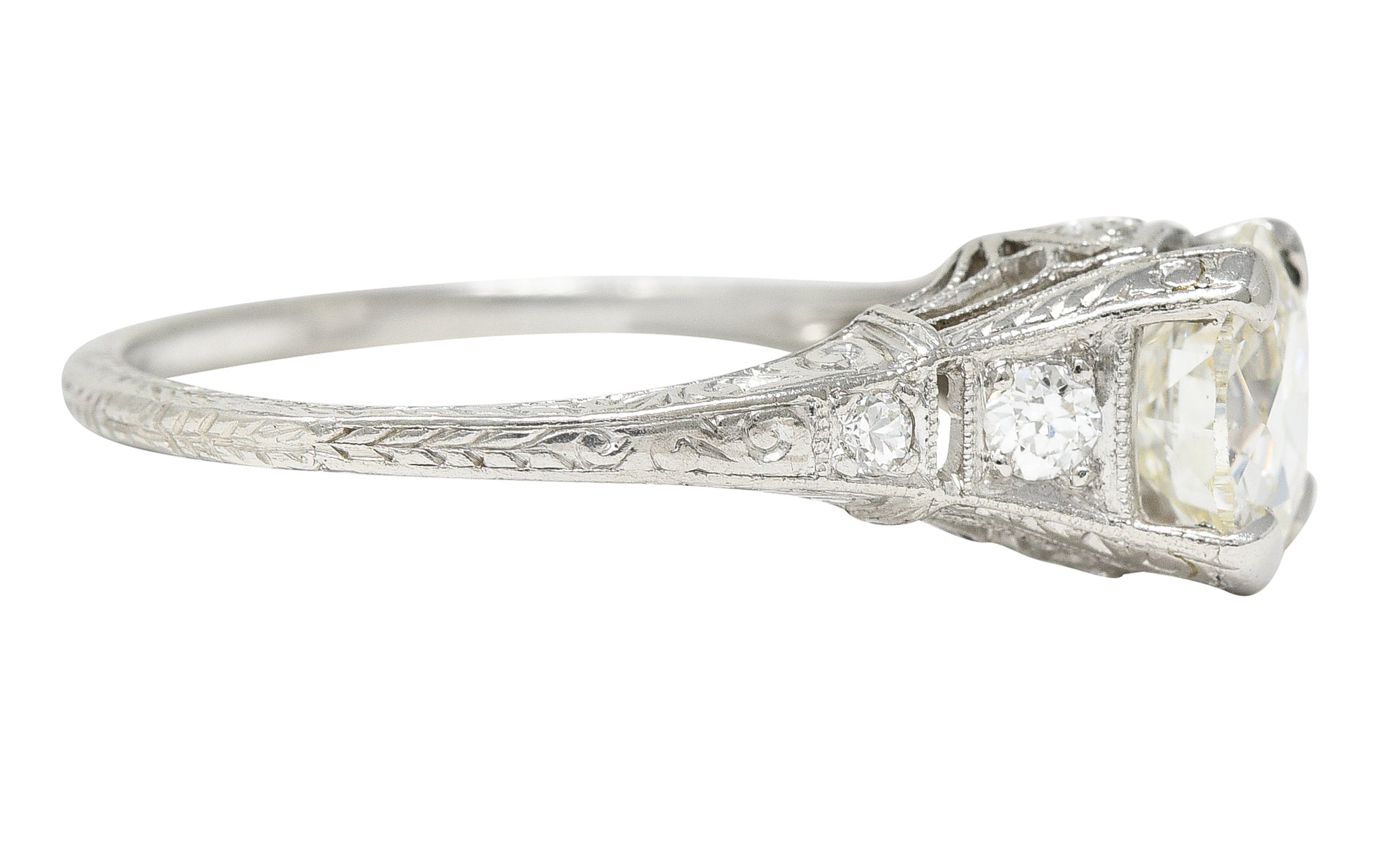 Early Art Deco 1.81 CTW Diamond Platinum Scrolling Lotus Engagement Ring Wilson's Estate Jewelry