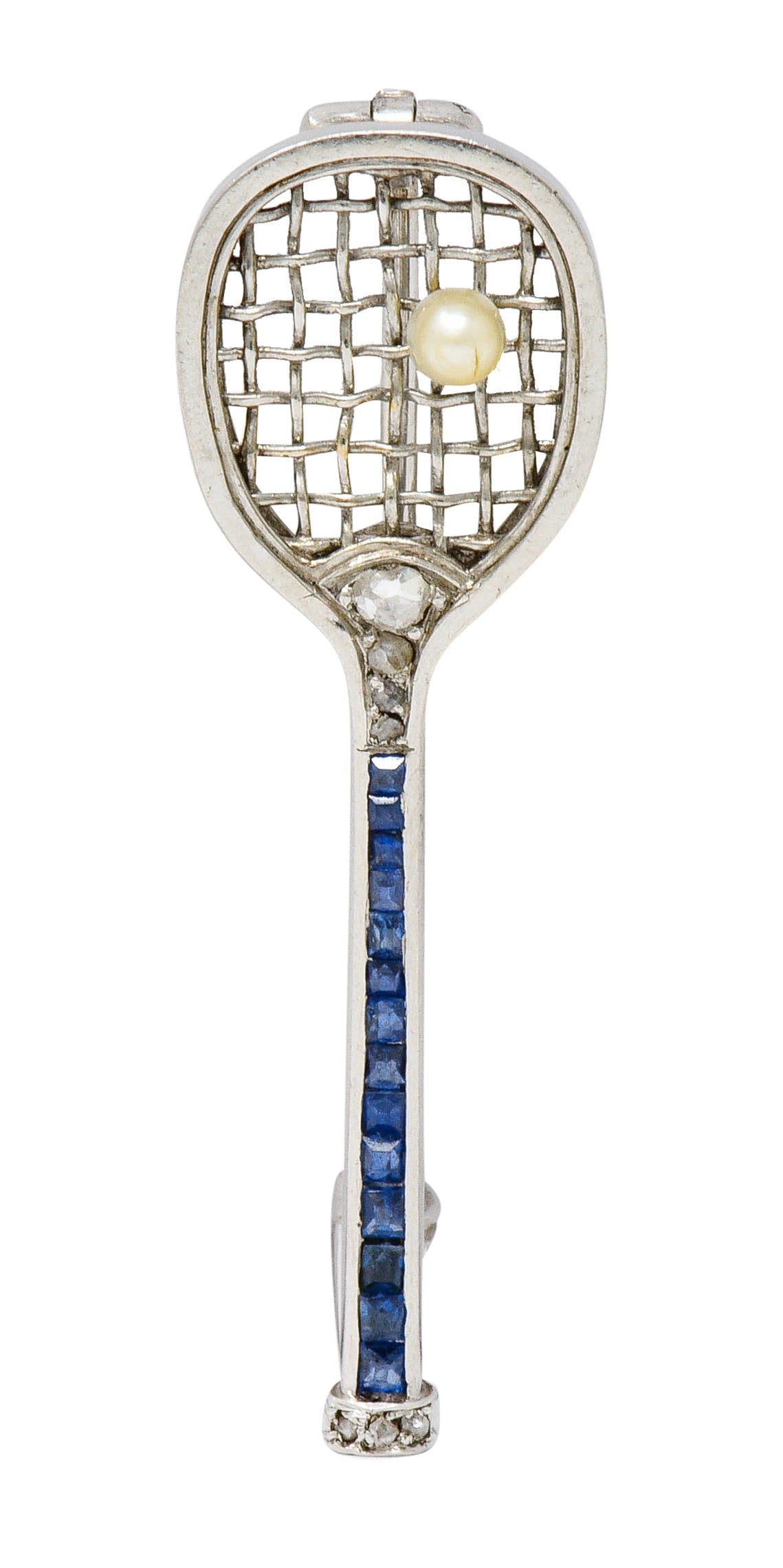 Edwardian Sapphire Diamond Pearl Platinum Tennis Racket BroochBrooch - Wilson's Estate Jewelry