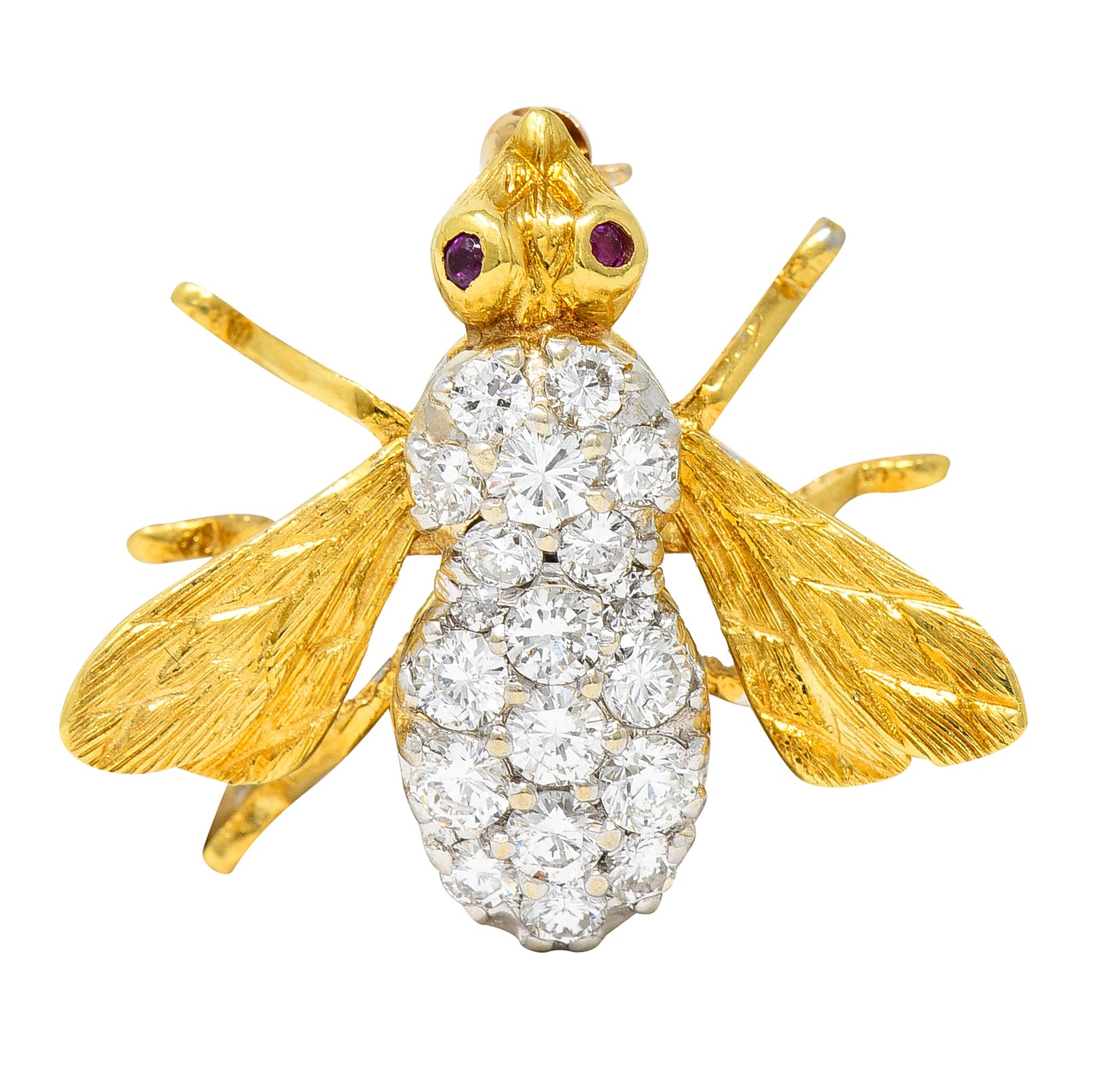 1960's Rosenthal 0.88 CTW Diamond Ruby 18 Karat Two-Tone Gold Vintage Bee Brooch Wilson's Estate Jewelry