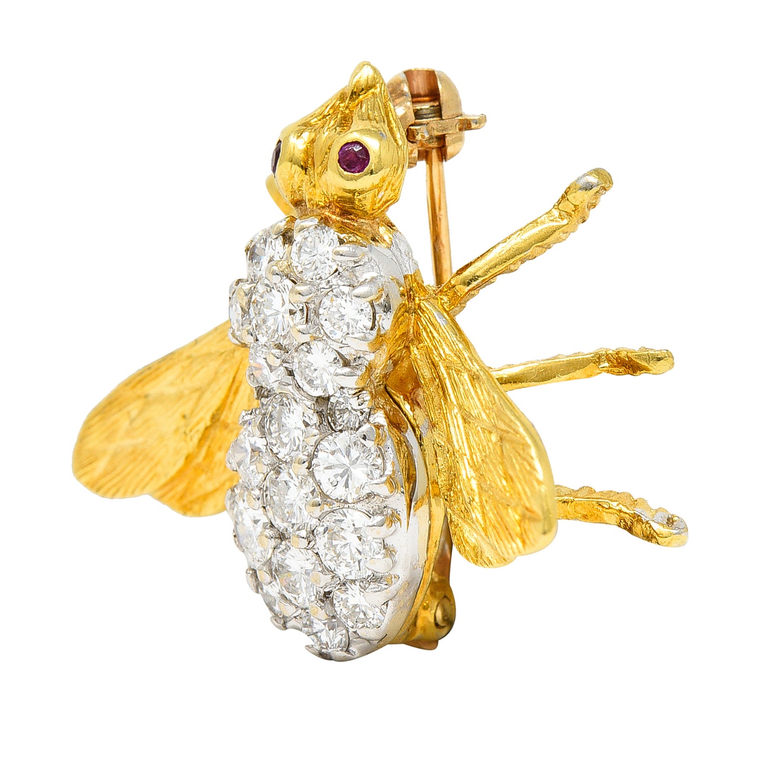 1960's Rosenthal 0.88 CTW Diamond Ruby 18 Karat Two-Tone Gold Vintage Bee Brooch Wilson's Estate Jewelry