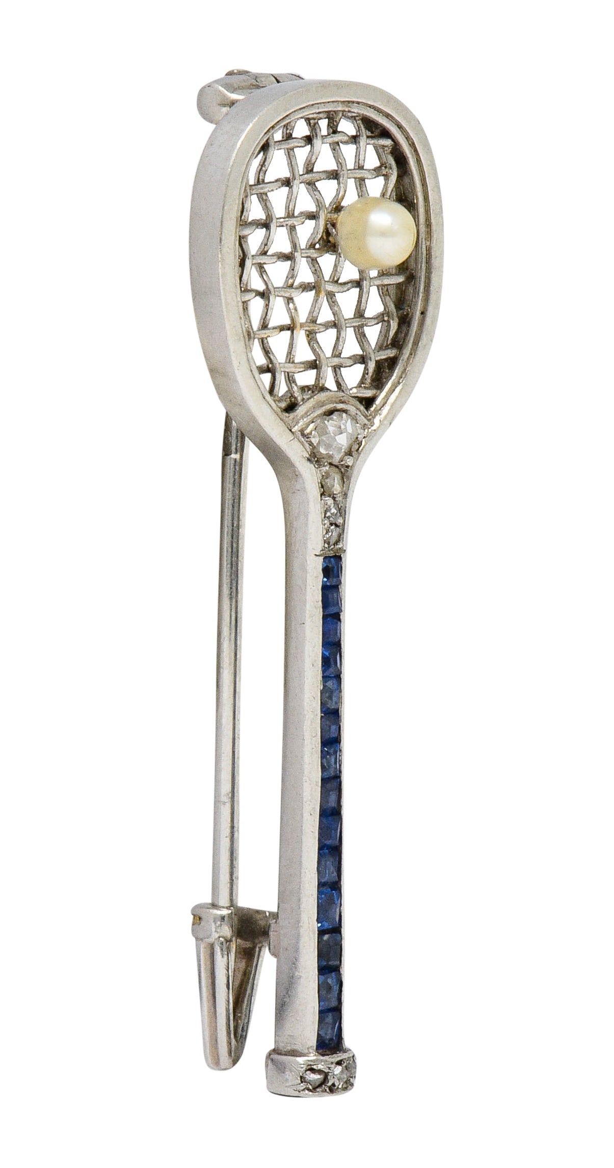 Edwardian Sapphire Diamond Pearl Platinum Tennis Racket BroochBrooch - Wilson's Estate Jewelry