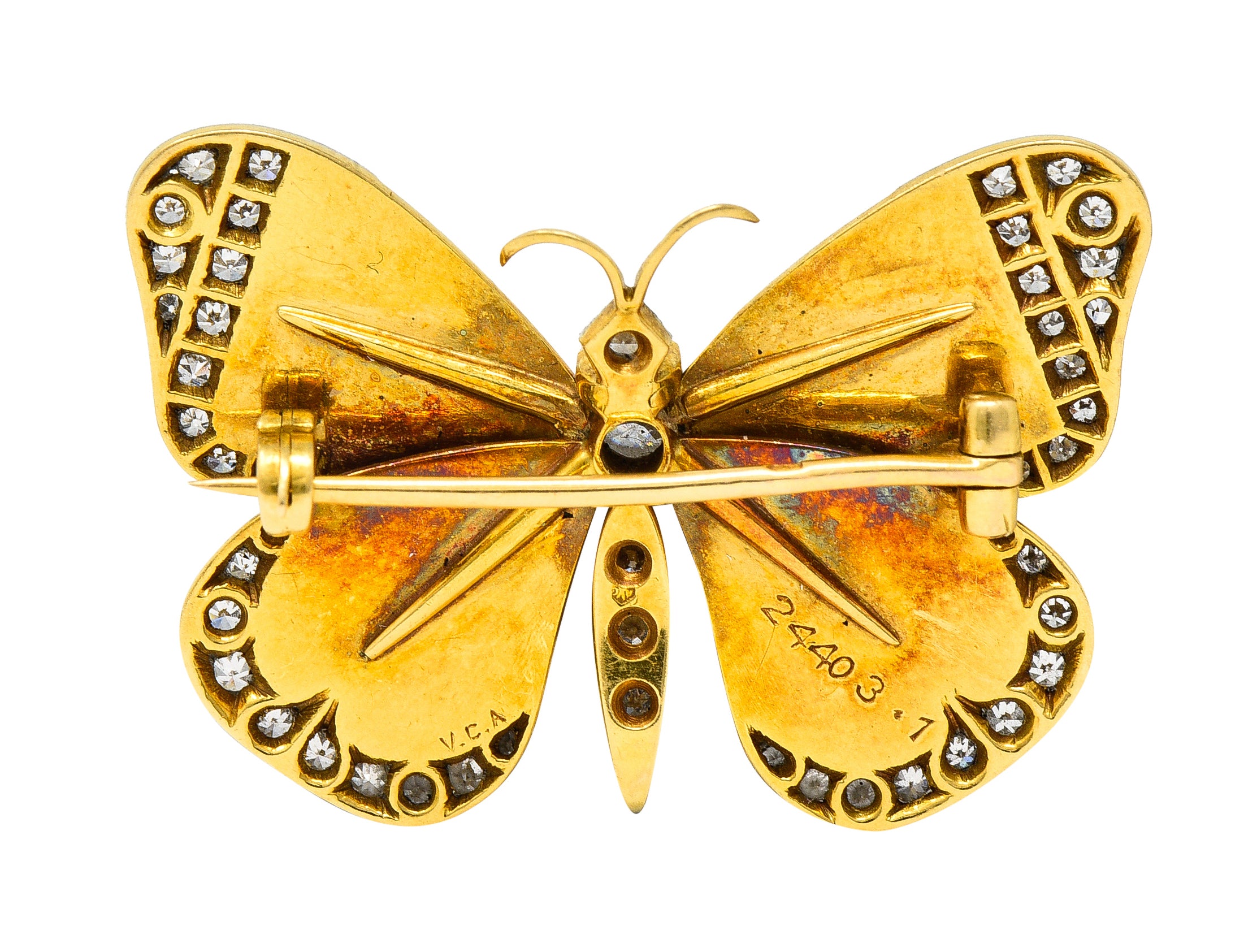 Van Cleef & Arpels French Diamond Enamel Platinum-Topped 18 Karat Yellow Gold Butterfly Brooch Wilson's Estate Jewelry