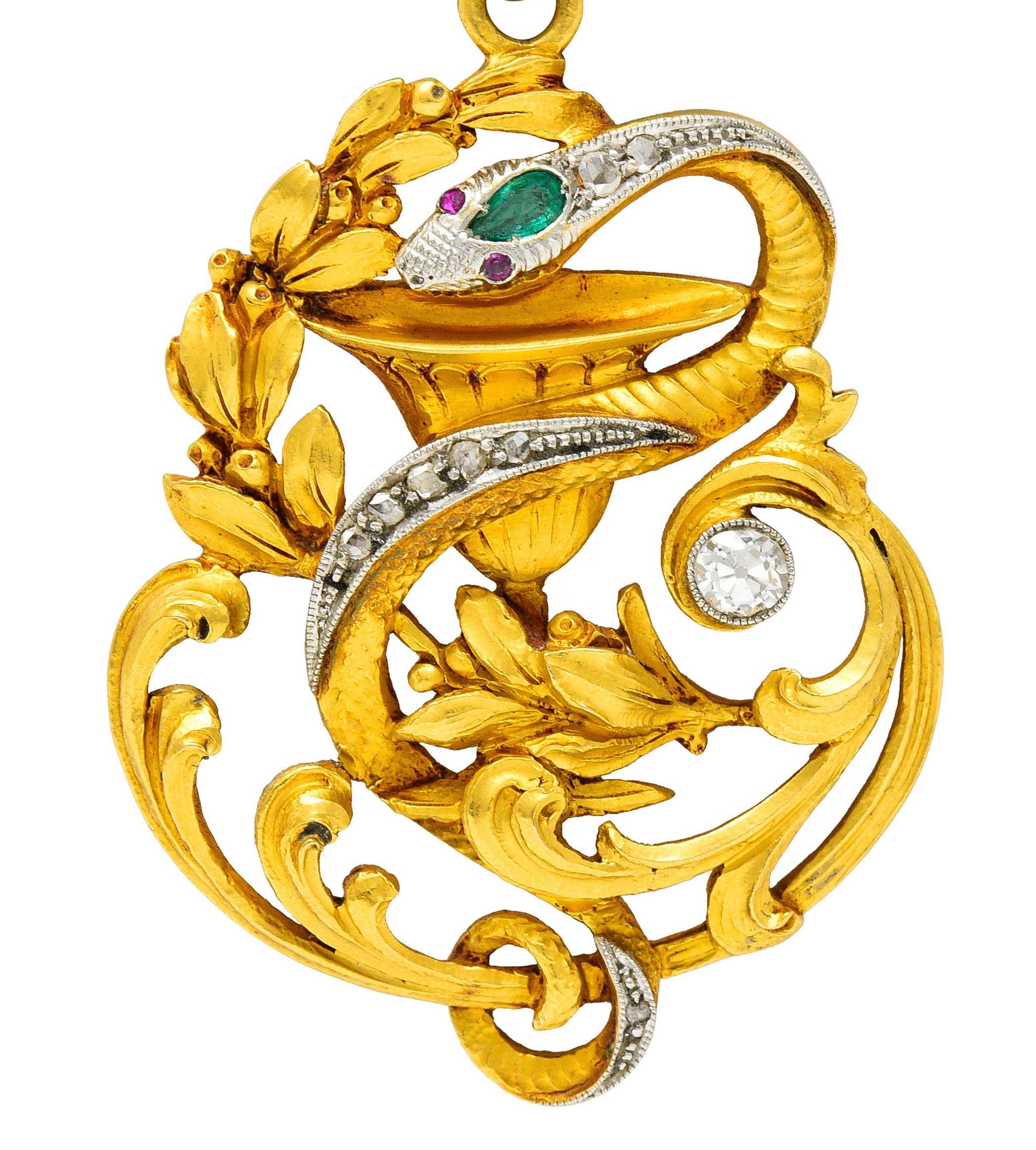 Art Nouveau Emerald Diamond Platinum-Topped 18 Karat Gold Snake PendantNecklace - Wilson's Estate Jewelry