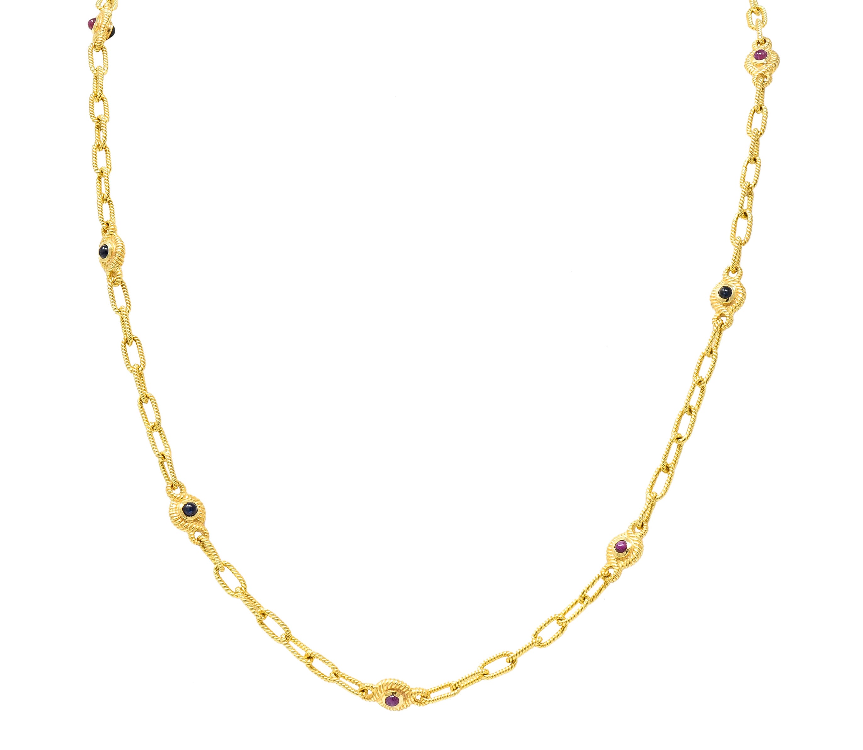 ## waiting for total weight .11111 1980's Ruby Sapphire Cabochon 14 Karat Yellow Gold Twisted Rope Vintage Paperclip Chain Station Necklace Bracelet Set Wilson's Estate Jewelry