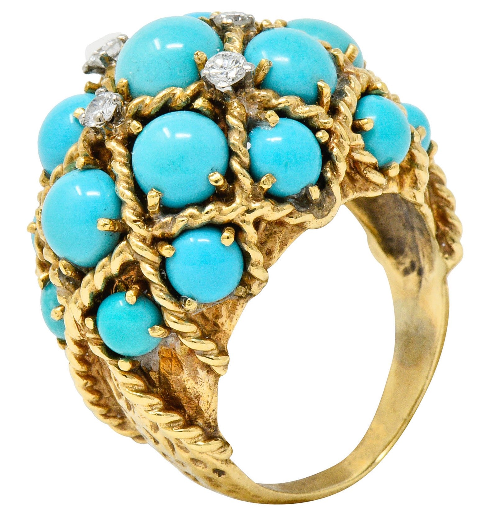 Vintage Turquoise Diamond 14 Karat Gold Cluster Bombe Band RingRing - Wilson's Estate Jewelry