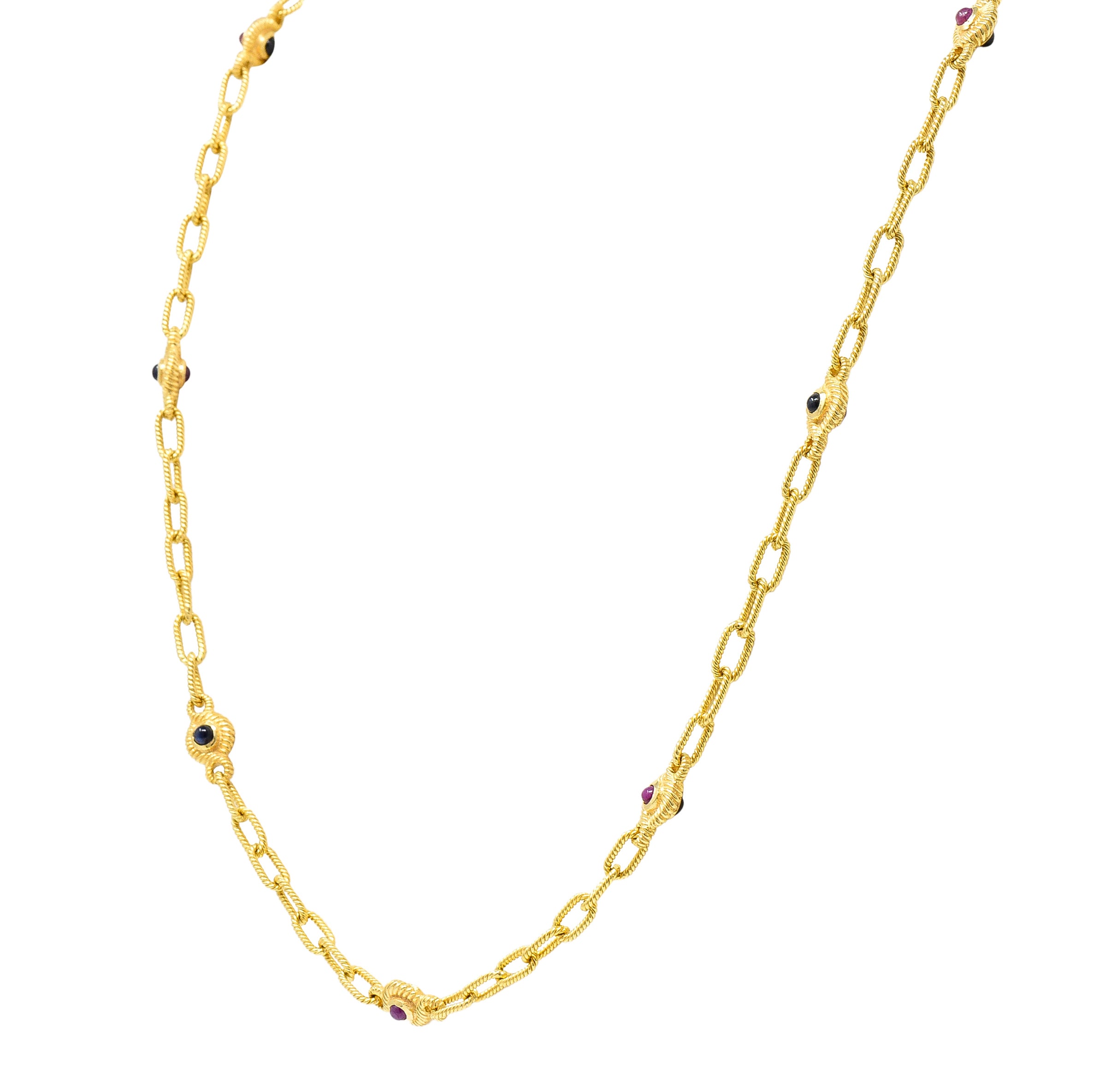 ## waiting for total weight .11111 1980's Ruby Sapphire Cabochon 14 Karat Yellow Gold Twisted Rope Vintage Paperclip Chain Station Necklace Bracelet Set Wilson's Estate Jewelry