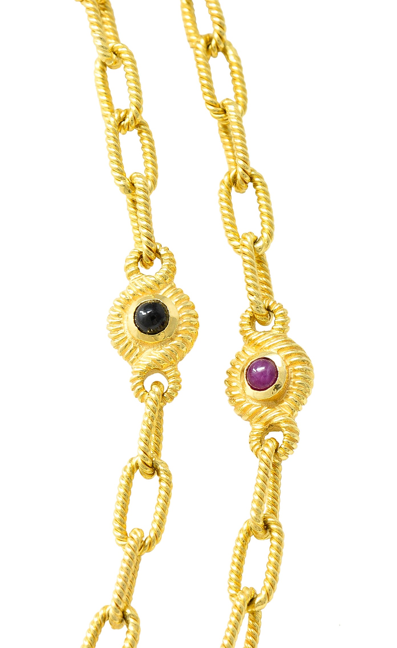 ## waiting for total weight .11111 1980's Ruby Sapphire Cabochon 14 Karat Yellow Gold Twisted Rope Vintage Paperclip Chain Station Necklace Bracelet Set Wilson's Estate Jewelry