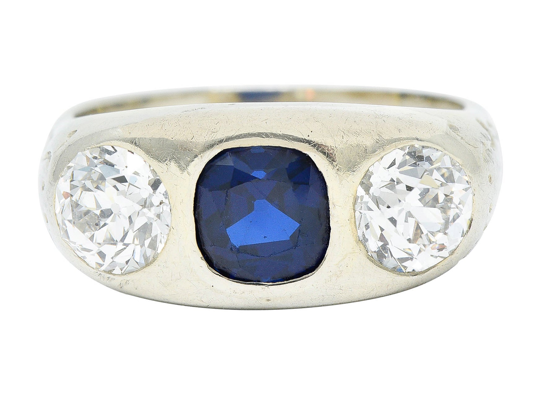 Retro 3.05 CTW No Heat Sapphire Diamond 18 Karat White Gold Gypsy Unisex Ring GIARing - Wilson's Estate Jewelry