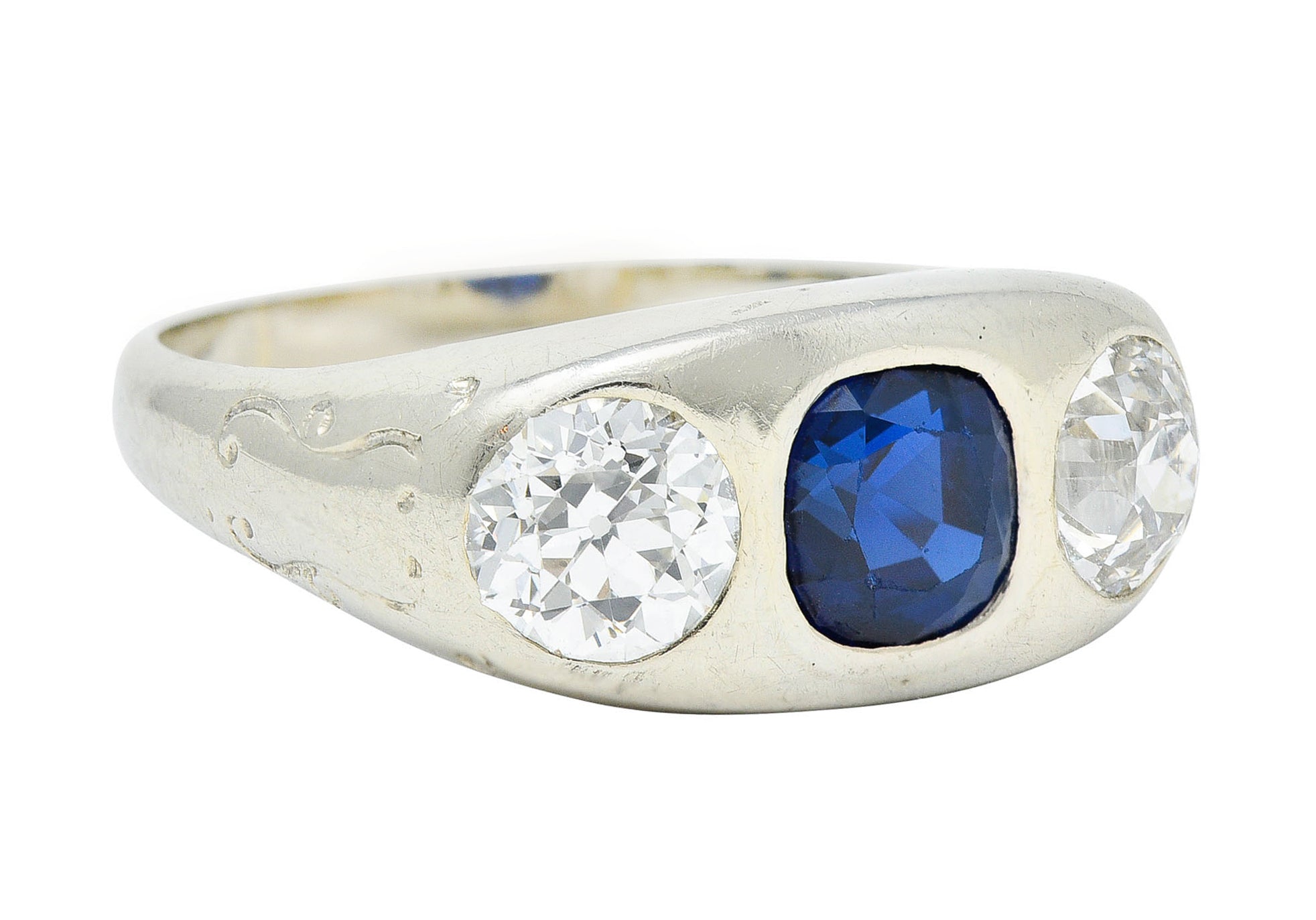 Retro 3.05 CTW No Heat Sapphire Diamond 18 Karat White Gold Gypsy Unisex Ring GIARing - Wilson's Estate Jewelry