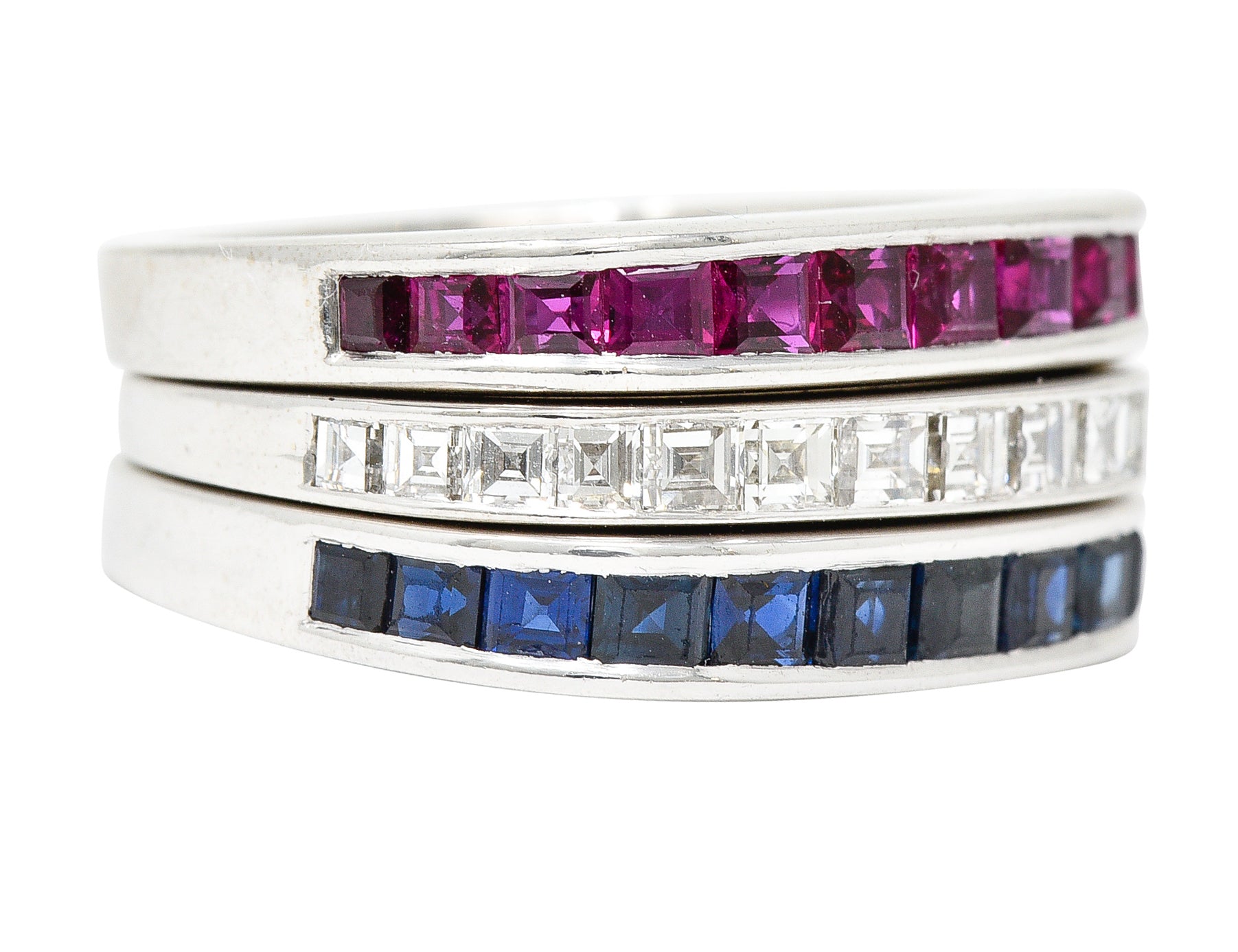 1950's Mid-Century 2.80 CTW Sapphire Ruby Diamond 18 Karat White Gold Three Channel Band Vintage Rings Wilson's Estate Jewelry