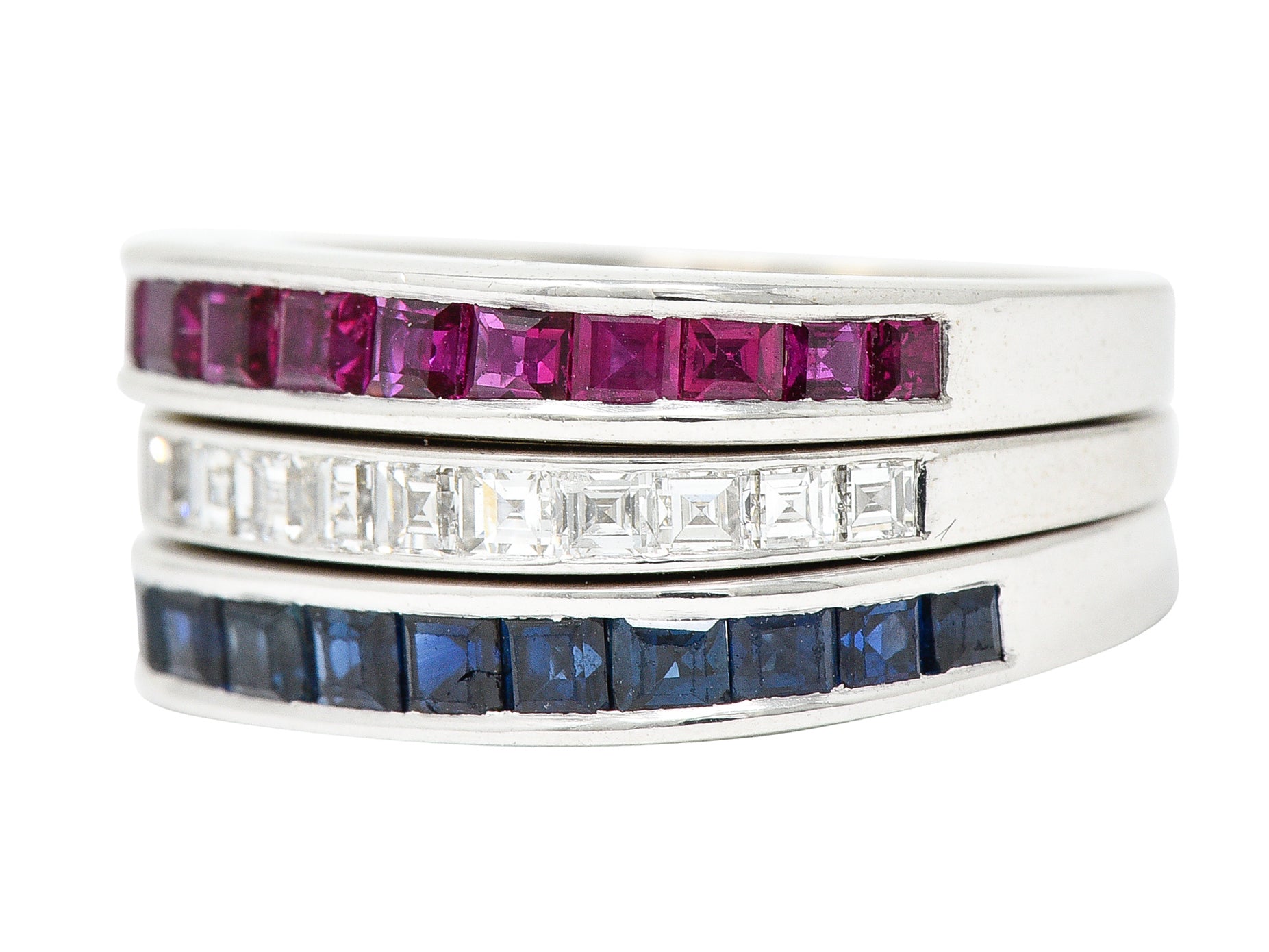 1950's Mid-Century 2.80 CTW Sapphire Ruby Diamond 18 Karat White Gold Three Channel Band Vintage Rings Wilson's Estate Jewelry